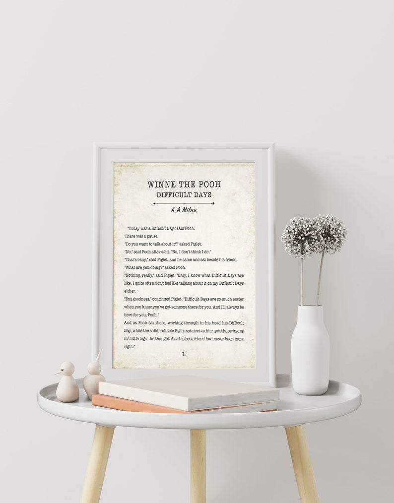 Winnie the Pooh Difficult Days Book Page Inspirational Wall Art, AA Milne Quote Vintage Style Print Wall Decor, Comforting Friendship Gift