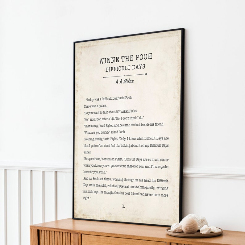 Winnie the Pooh Difficult Days Book Page Inspirational Wall Art, AA Milne Quote Vintage Style Print Wall Decor, Comforting Friendship Gift