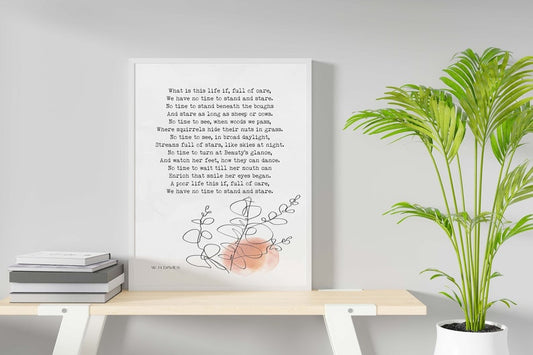 W. H. Davies Leisure Poem Print – “What is this life if, full of care” – Literary Wall Art with Minimalist Botanical Illustration