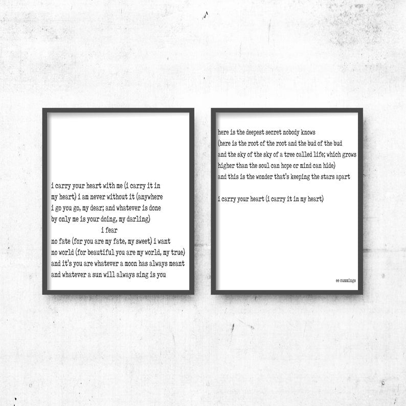 E.E. Cummings Poem Print Set I Carry Your Heart Romantic Poetry Wall Art, Literary Quote Prints, Wedding / Anniversary Gift, Framed Unframed