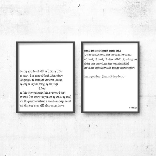 E.E. Cummings Poem Print Set I Carry Your Heart Romantic Poetry Wall Art, Literary Quote Prints, Wedding / Anniversary Gift, Framed Unframed