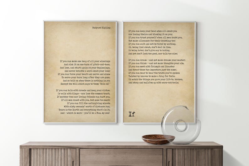 If poem wall art set of 2 prints rudyard kipling quote vintage literary decor gift for son manhood wisdom inspirational split poem set