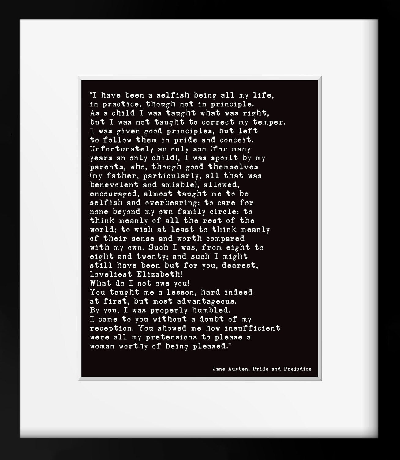 Jane Austen Pride and Prejudice Quote Print | Mr. Darcy Confession Wall Art | Literary Poster | Framed or Unframed Jane Austen Gift