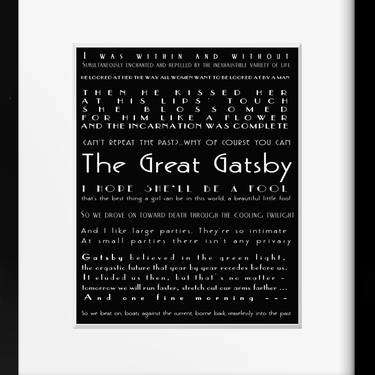 The Great Gatsby Quote Poster F Scott Fitzgerald Literary Art Deco Print Large Party Quote Green Light Black White Book Wall Decor