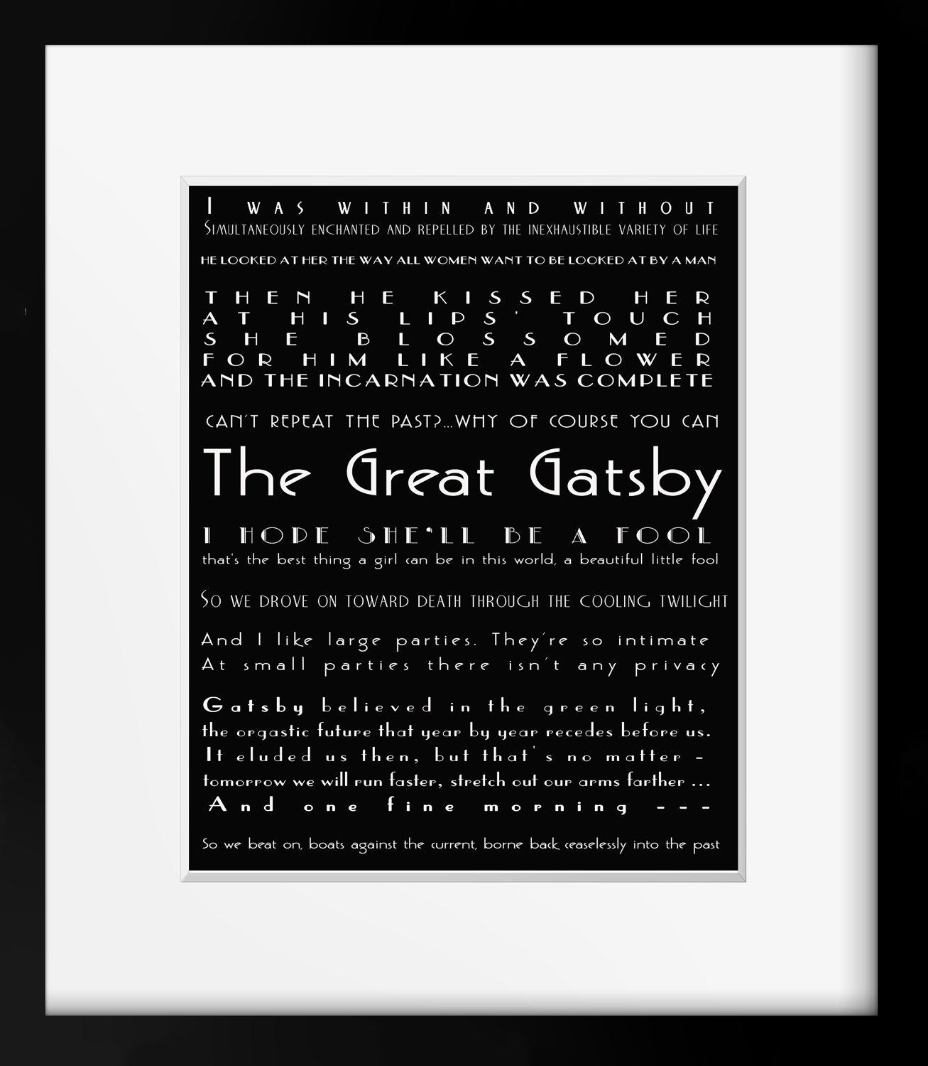 The Great Gatsby Quote Poster F Scott Fitzgerald Literary Art Deco Print Large Party Quote Green Light Black White Book Wall Decor