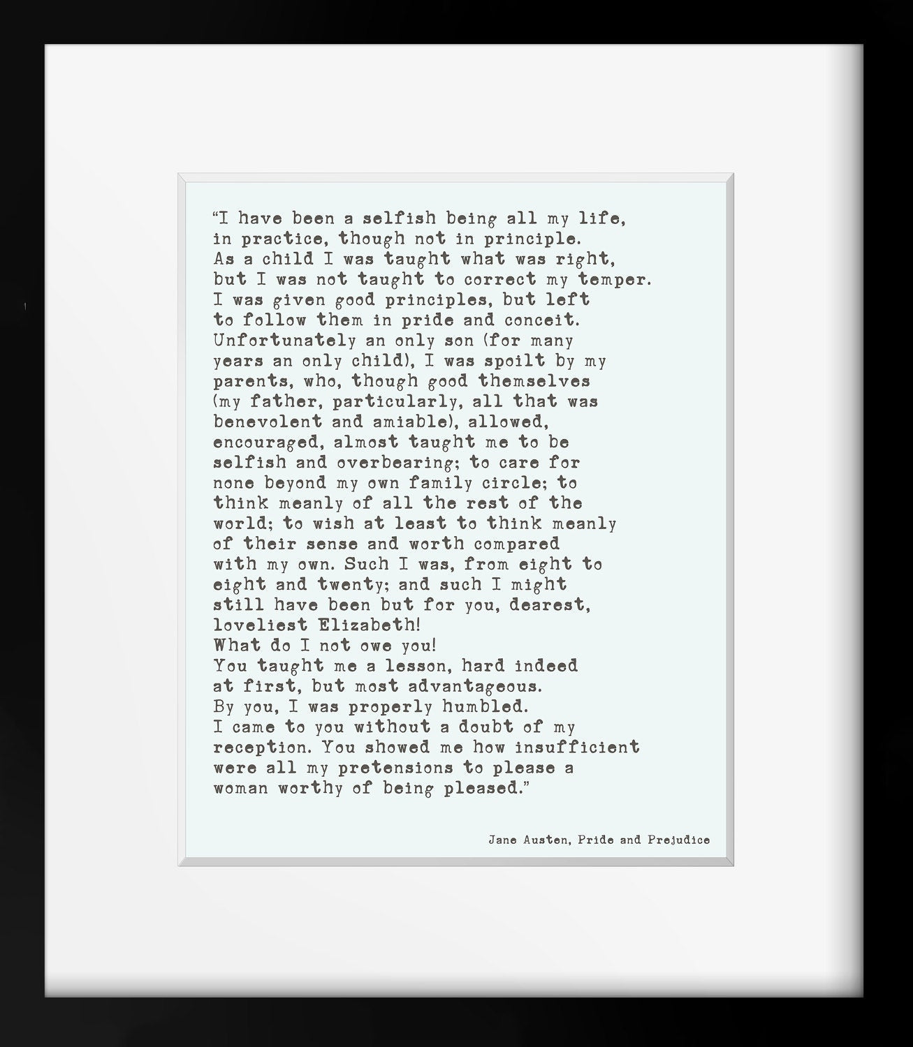 Jane Austen Pride and Prejudice Quote Print | Mr. Darcy Confession Wall Art | Literary Poster | Framed or Unframed Jane Austen Gift