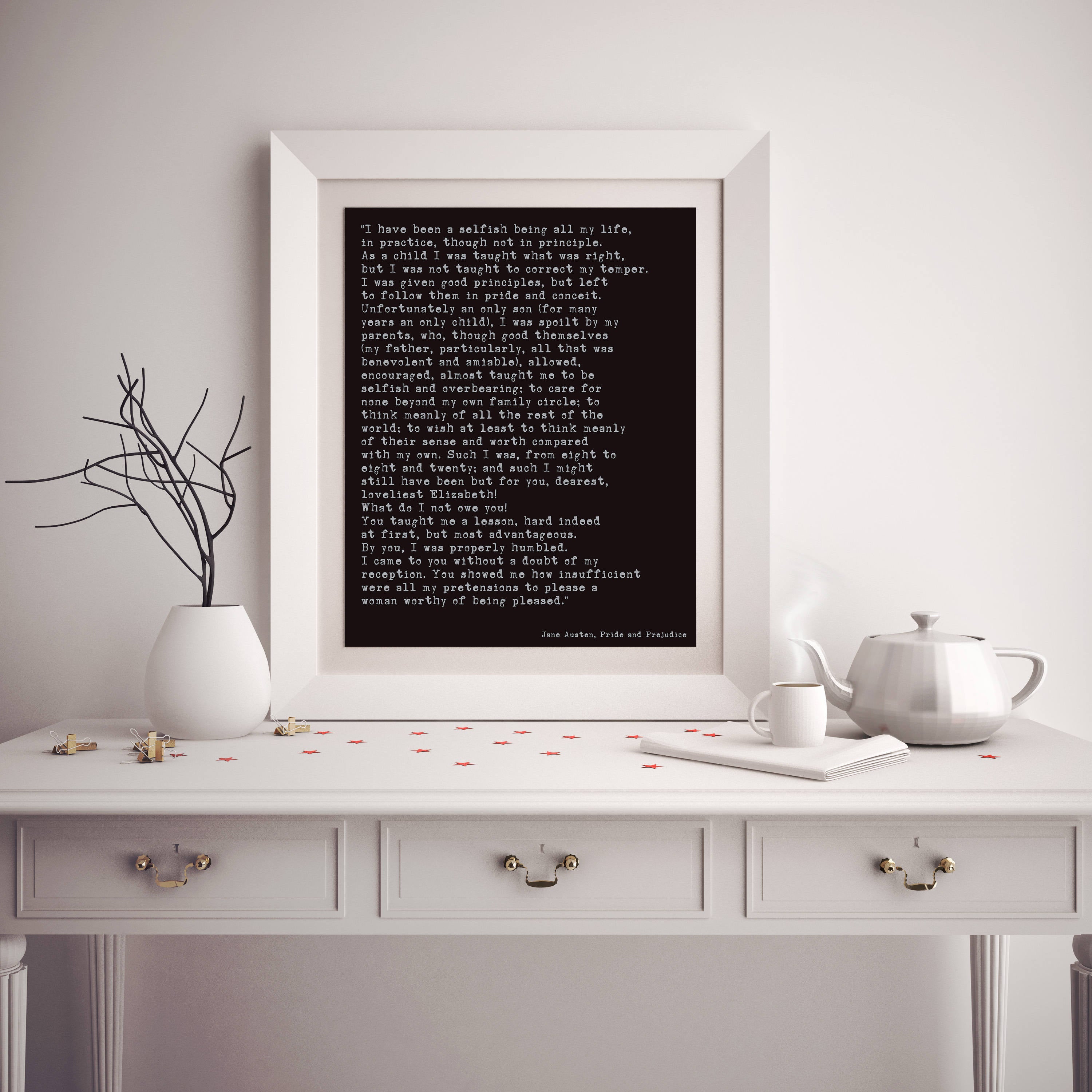 Jane Austen Pride and Prejudice Quote Print | Mr. Darcy Confession Wall Art | Literary Poster | Framed or Unframed Jane Austen Gift