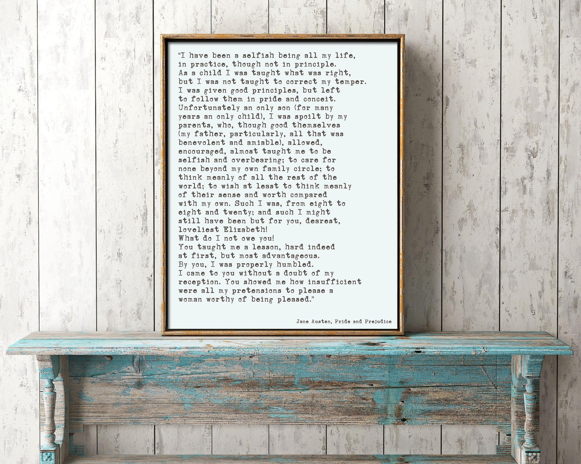 Jane Austen Pride and Prejudice Quote Print | Mr. Darcy Confession Wall Art | Literary Poster | Framed or Unframed Jane Austen Gift