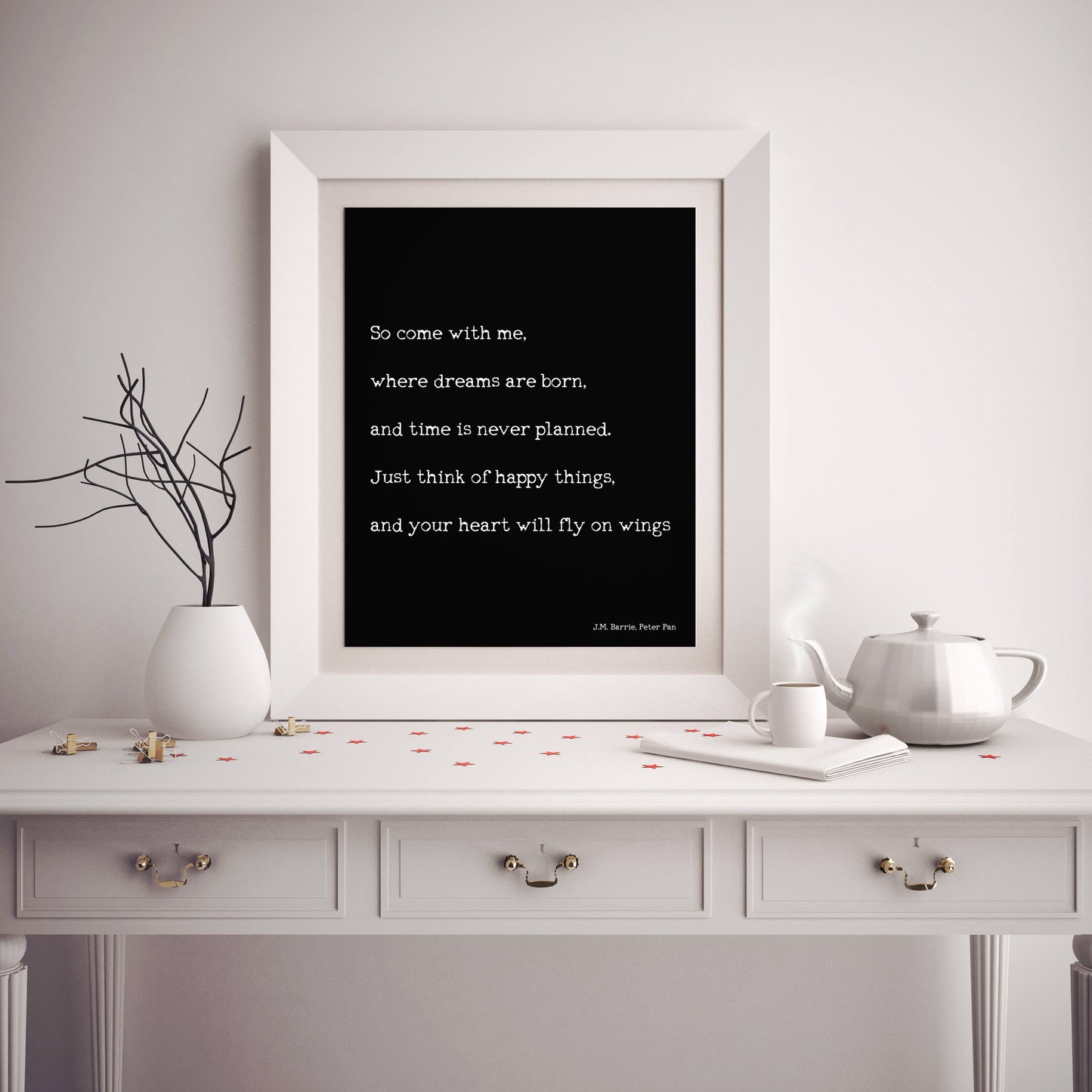 Peter Pan Art Print, "Think Of Happy Things" Inspirational Quote Unframed or Framed Decor
