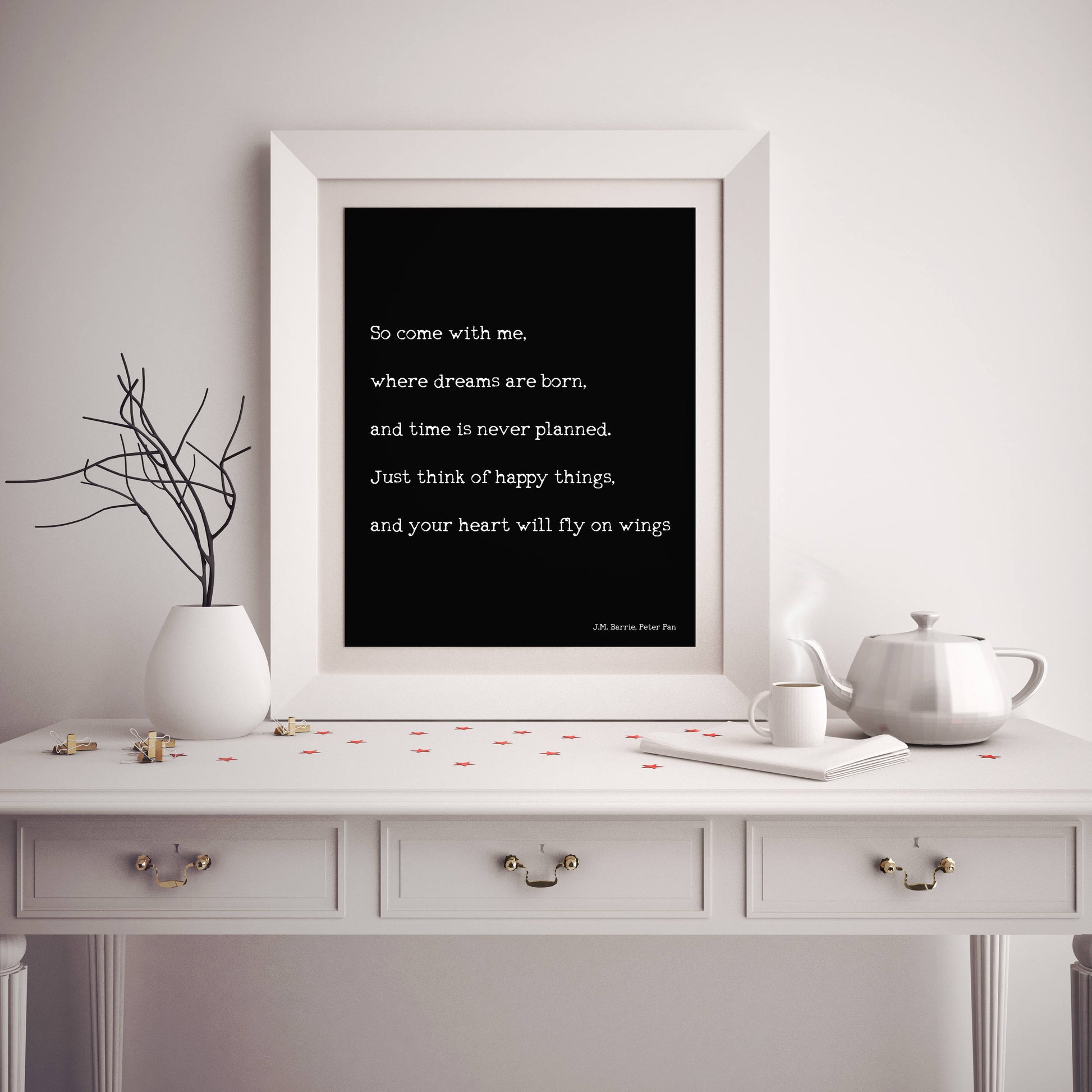 Peter Pan Art Print, "Think Of Happy Things" Inspirational Quote Unframed or Framed Decor