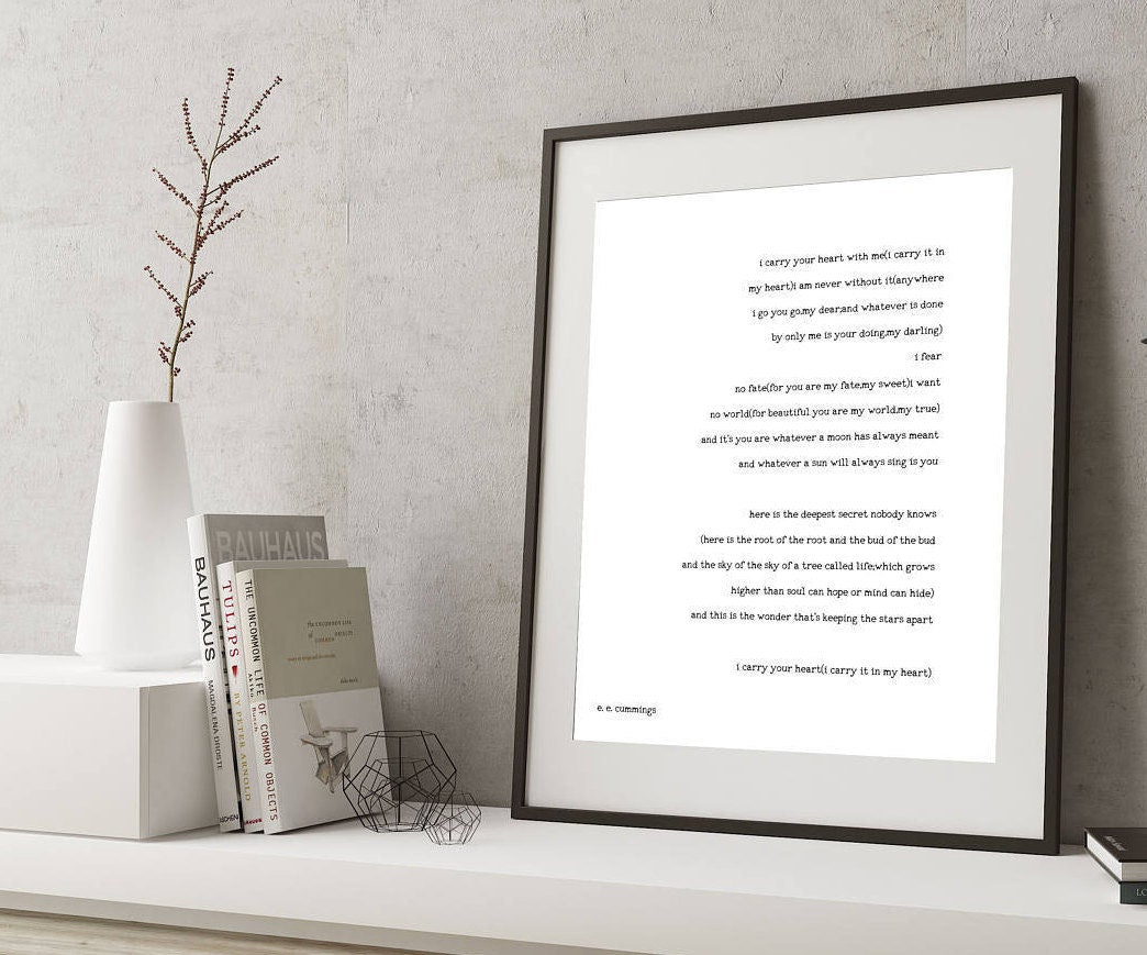 i carry your heart wall art, ee cummings black & white art wall decor