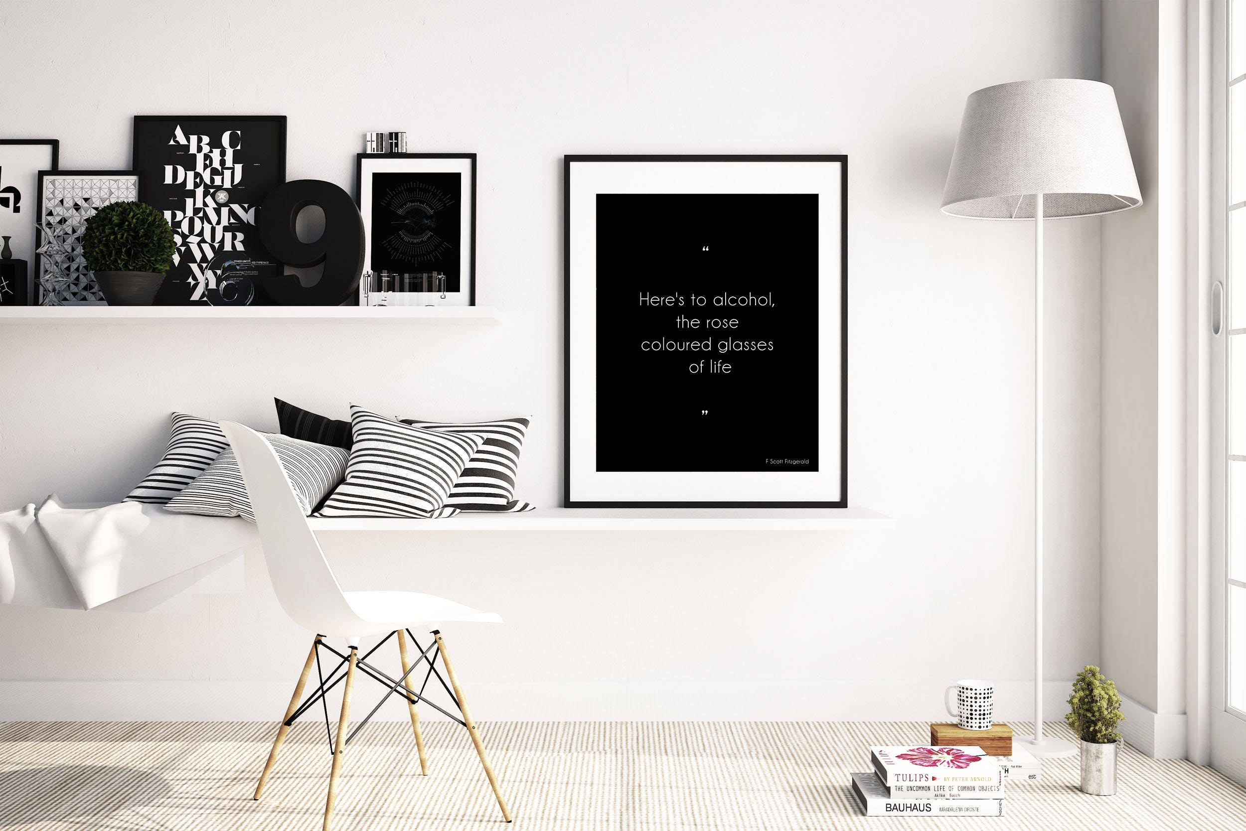 Here's To Alcohol F Scott Fitzgerald Quote Print Minimalist Black & White Wall Art Prints for Dining Room or Kitchen Wall Decor
