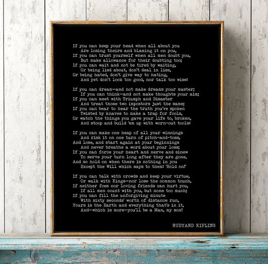 Rudyard Kipling Poem If Print | Black Background Inspirational Poetry Wall Art | Literary Quote Poster for Office or Home