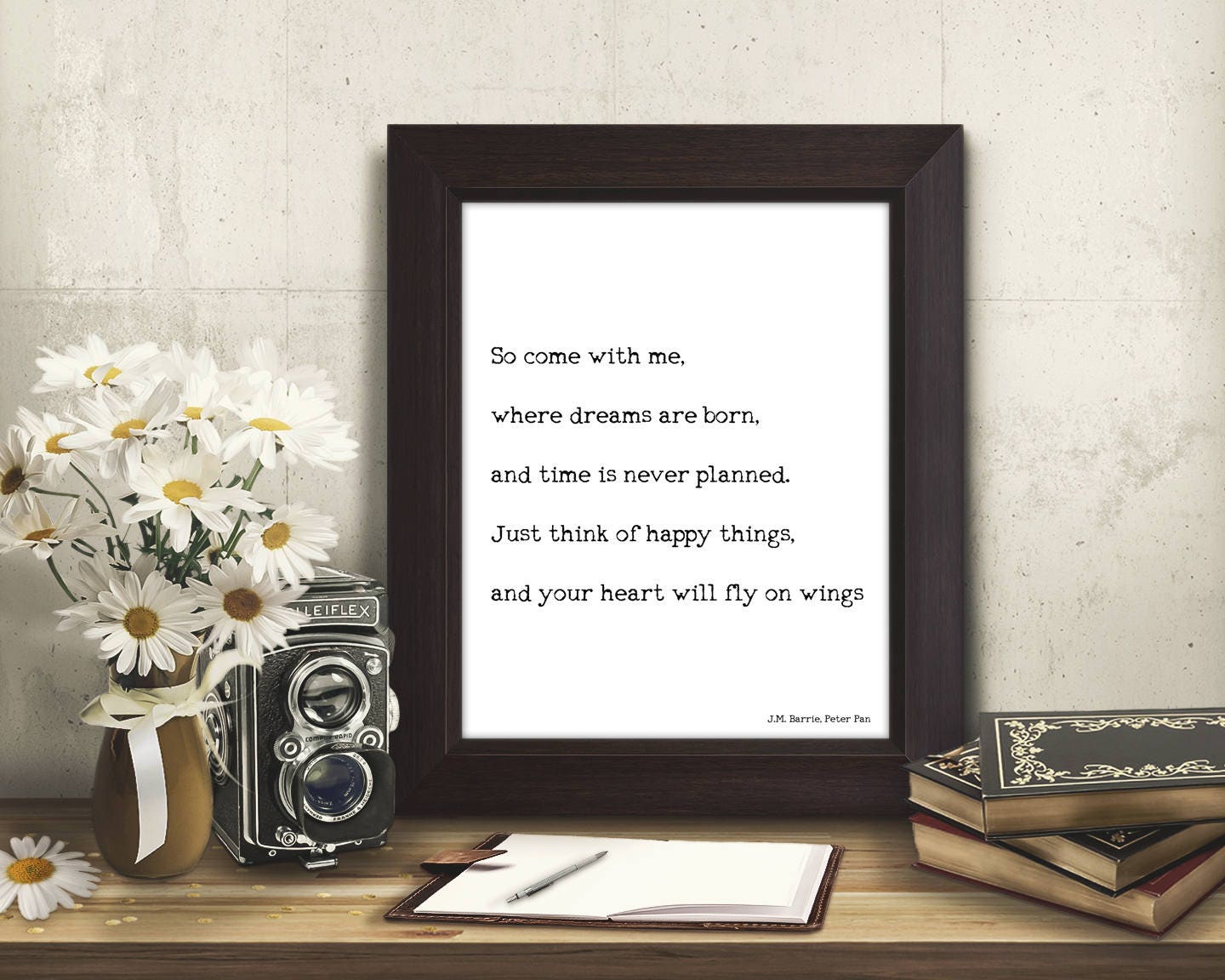 Peter Pan Art Print, "Think Of Happy Things" Inspirational Quote Unframed or Framed Decor