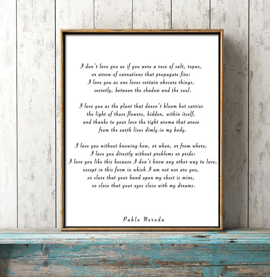 Pablo Neruda Love Quote Print – Romantic Literary Wall Art