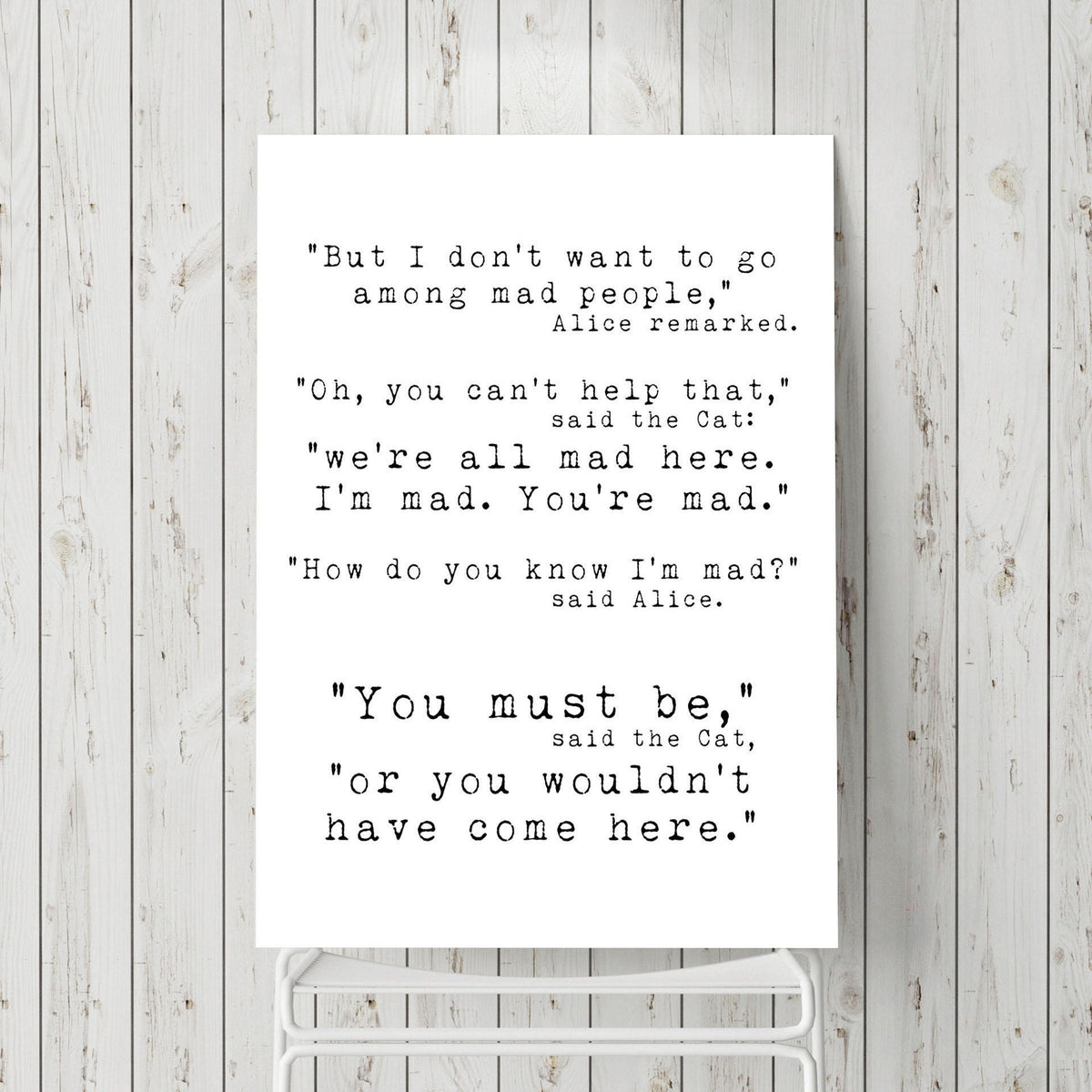 Alice in Wonderland We're All Mad Here Quote Print, Wall Art Print Quotes For Office Unframed or Framed Art