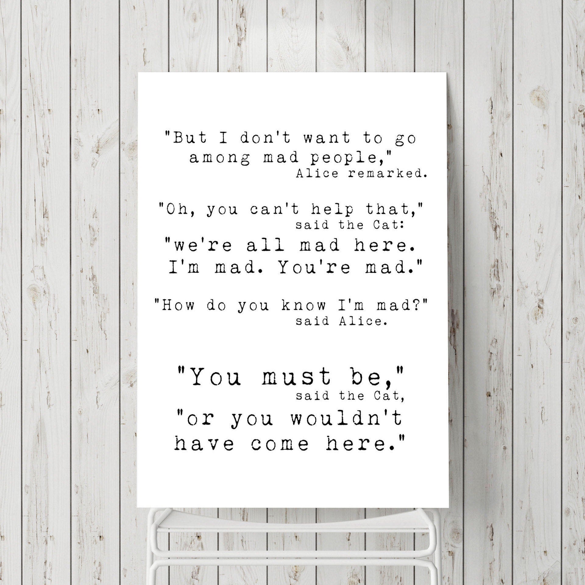 Alice in Wonderland We're All Mad Here Quote Print, Wall Art Print Quotes For Office Unframed or Framed Art