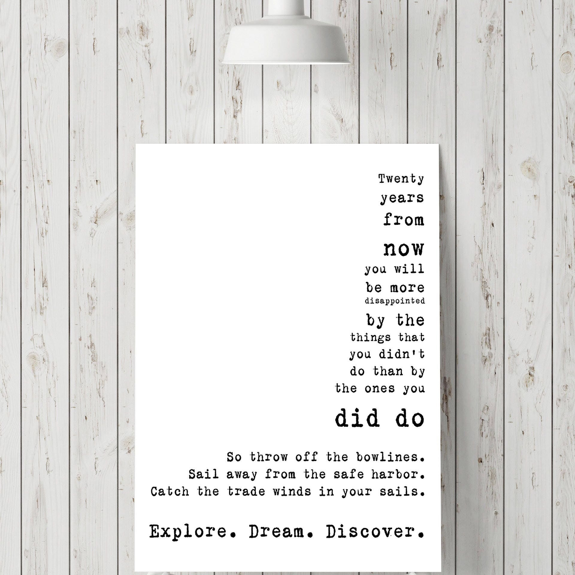 Twenty Years From Now Wall Art Prints, Mark Twain Explore Dream Discover in Black & White
