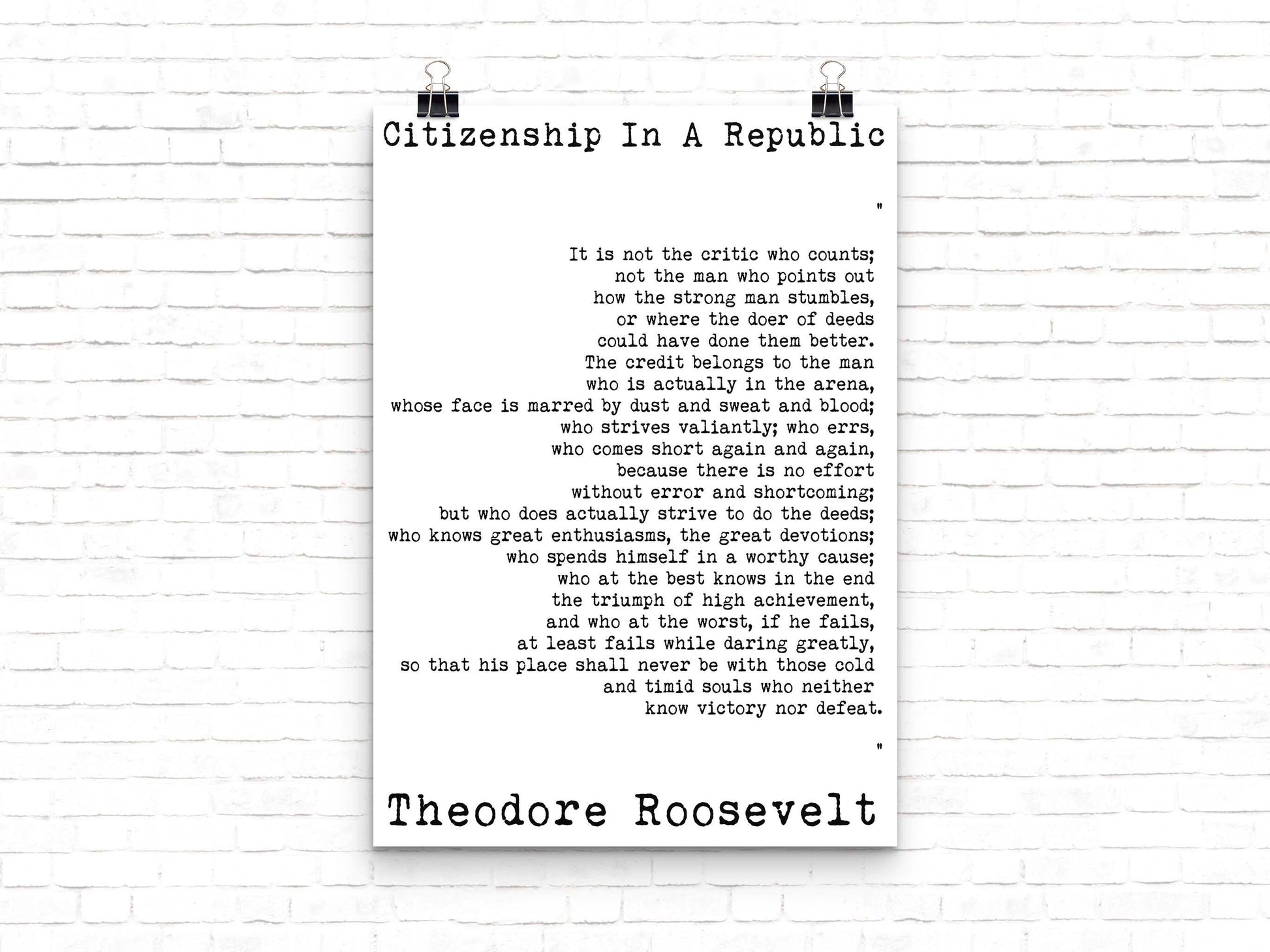 Theodore Roosevelt "Man in the Arena" Quote Print - Inspirational Leadership Wall Art - Motivational Vintage Typography Poster