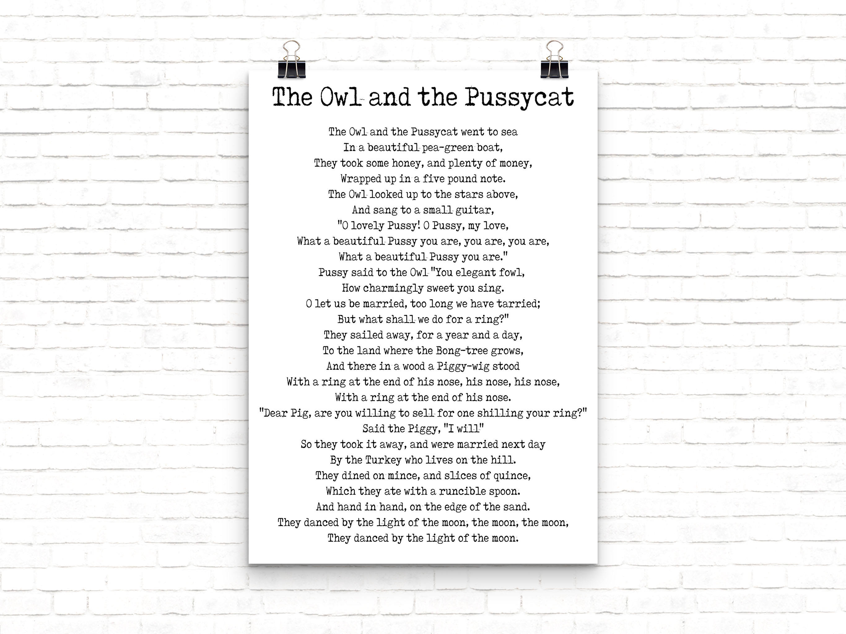 The Owl And The Pussycat Nursery Rhyme Wall Art Prints in Black & White, Unframed Nursery Wall Art