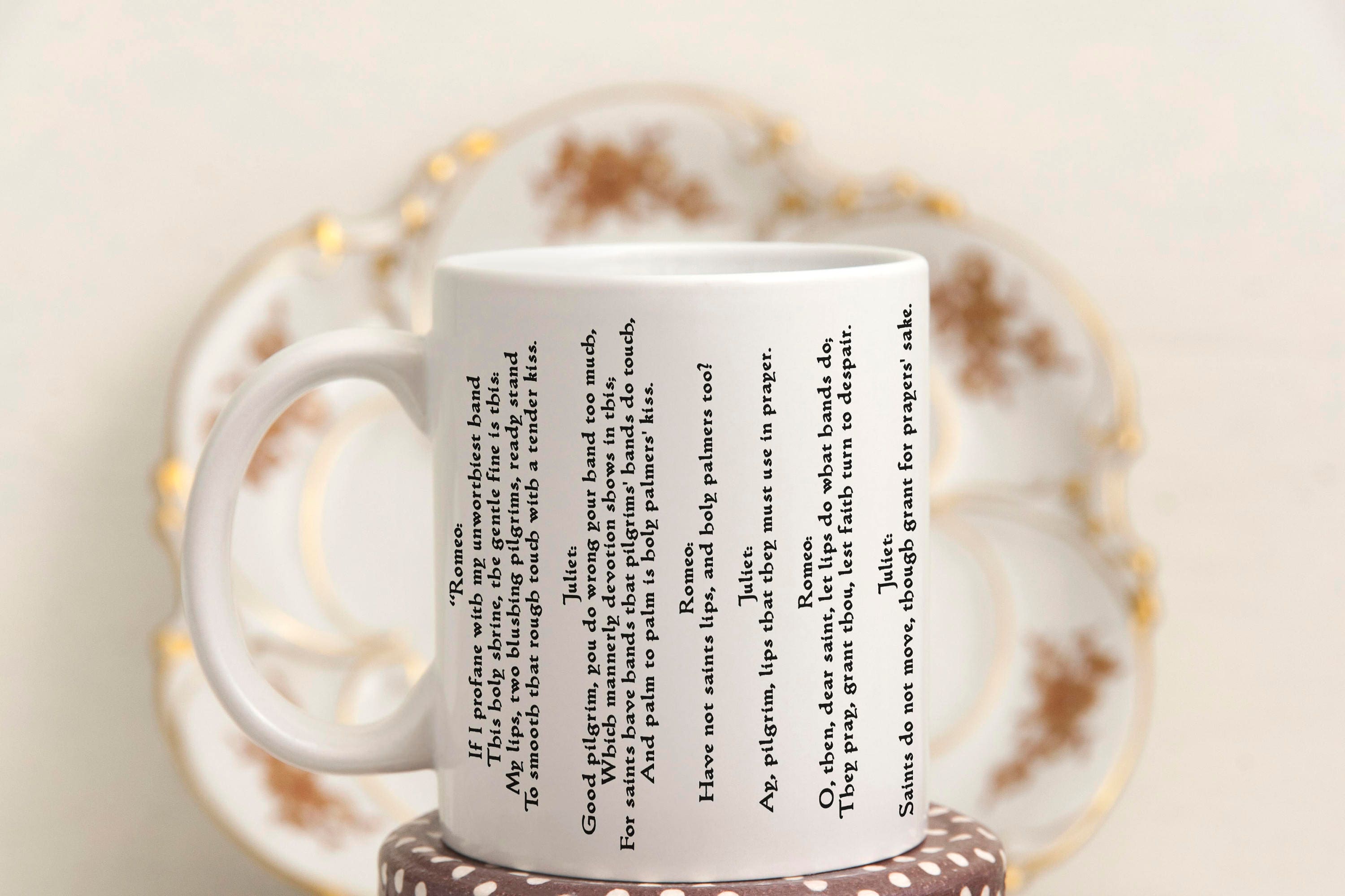 Romeo and Juliet Literary Love Mug, Shakespeare Ceramic Coffee Cup 11oz