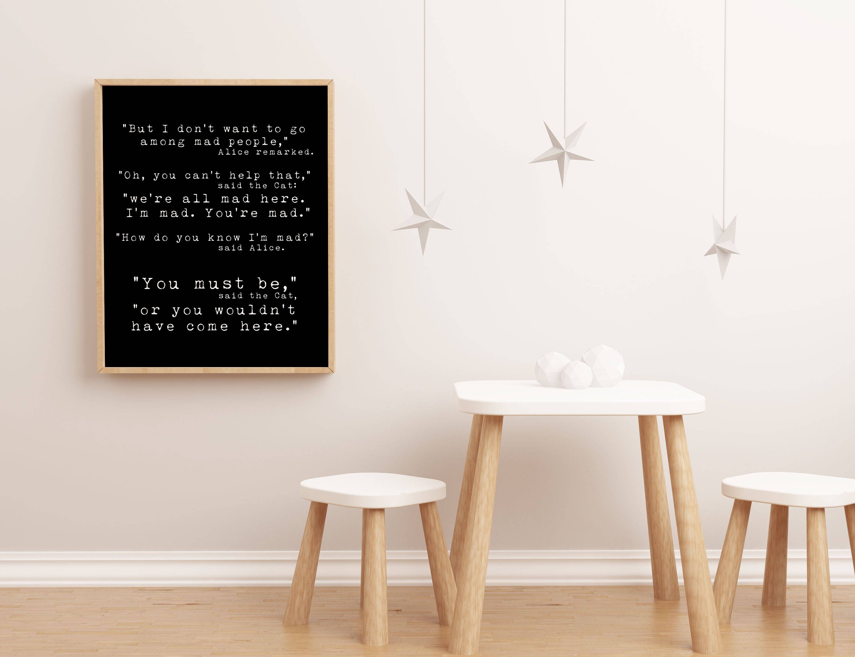 Alice in Wonderland We're All Mad Here Quote Print, Wall Art Print Quotes For Office Unframed or Framed Art