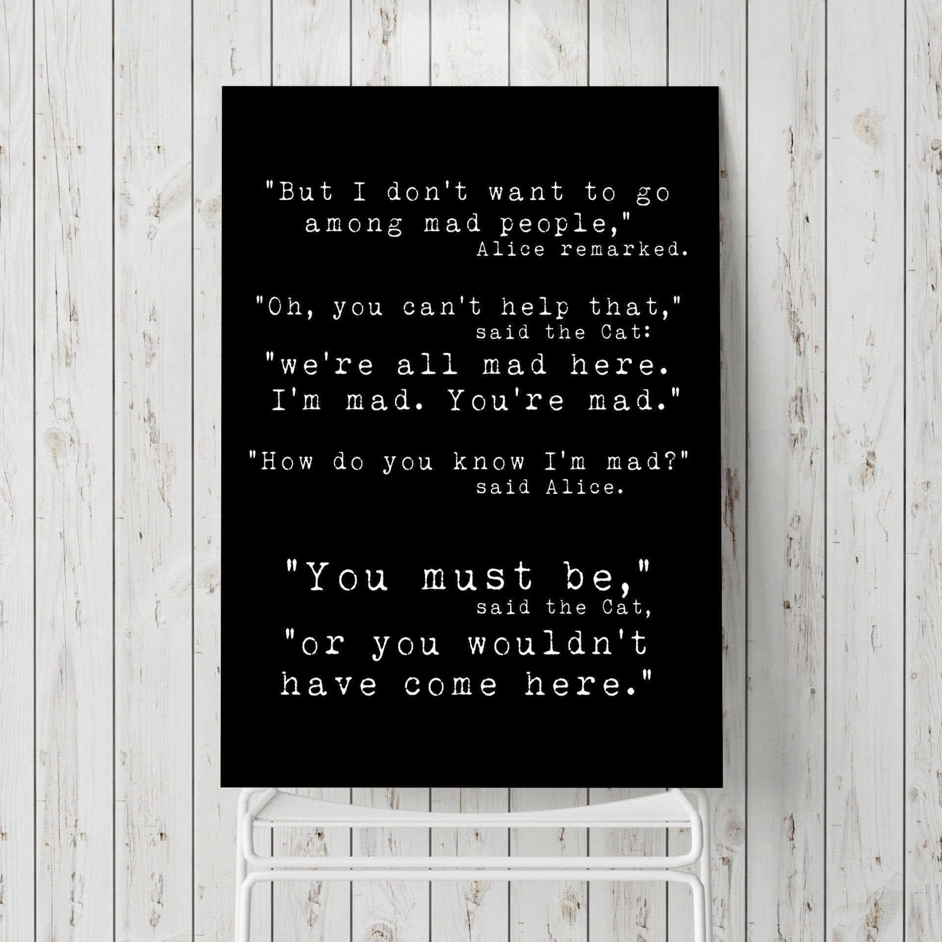 Alice in Wonderland We're All Mad Here Quote Print, Wall Art Print Quotes For Office Unframed or Framed Art