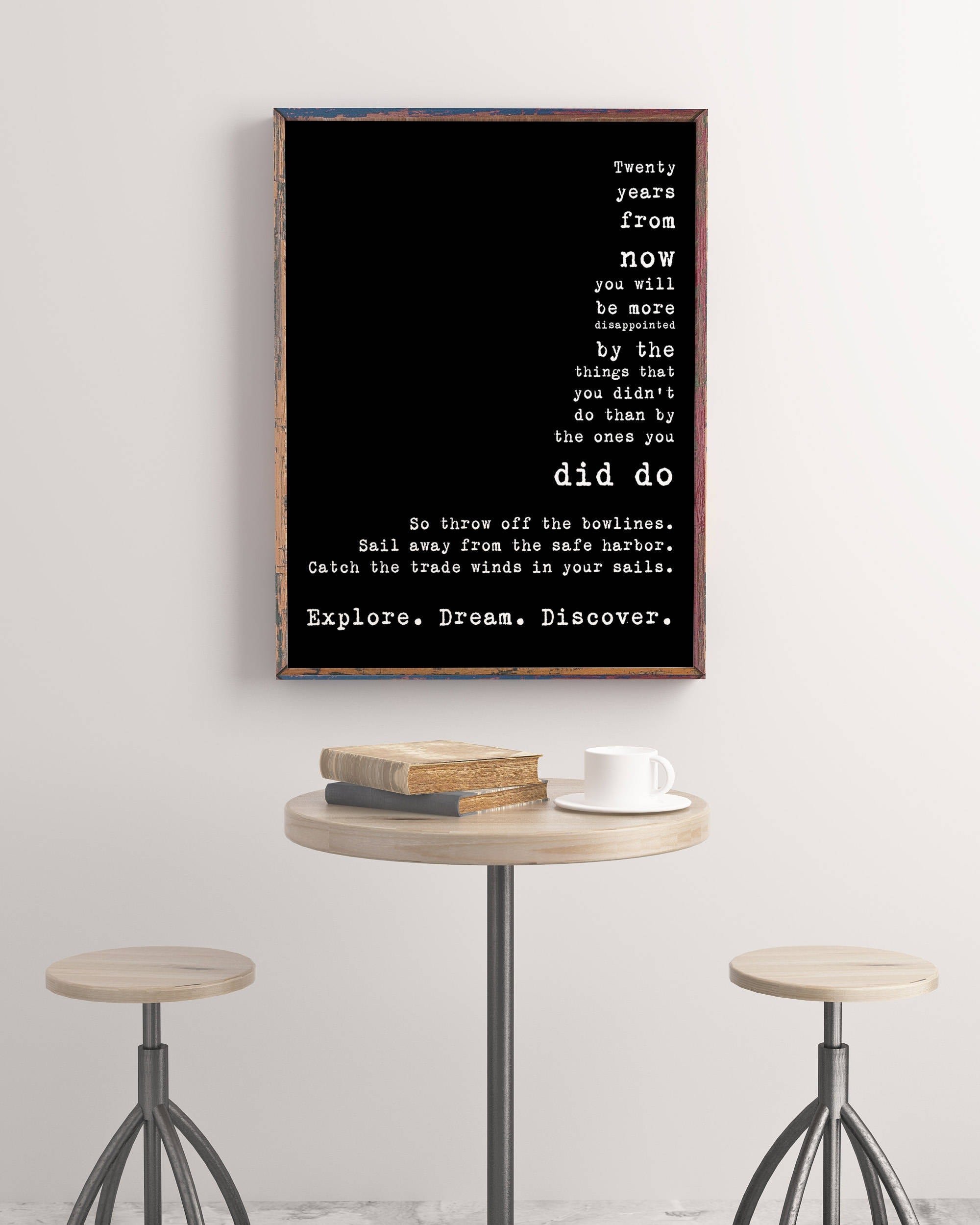 Vintage Style Explore Dream Discover Mark Twain Quote Wall Art – Rustic Inspirational Travel Print for Writers Thinkers Dreamers