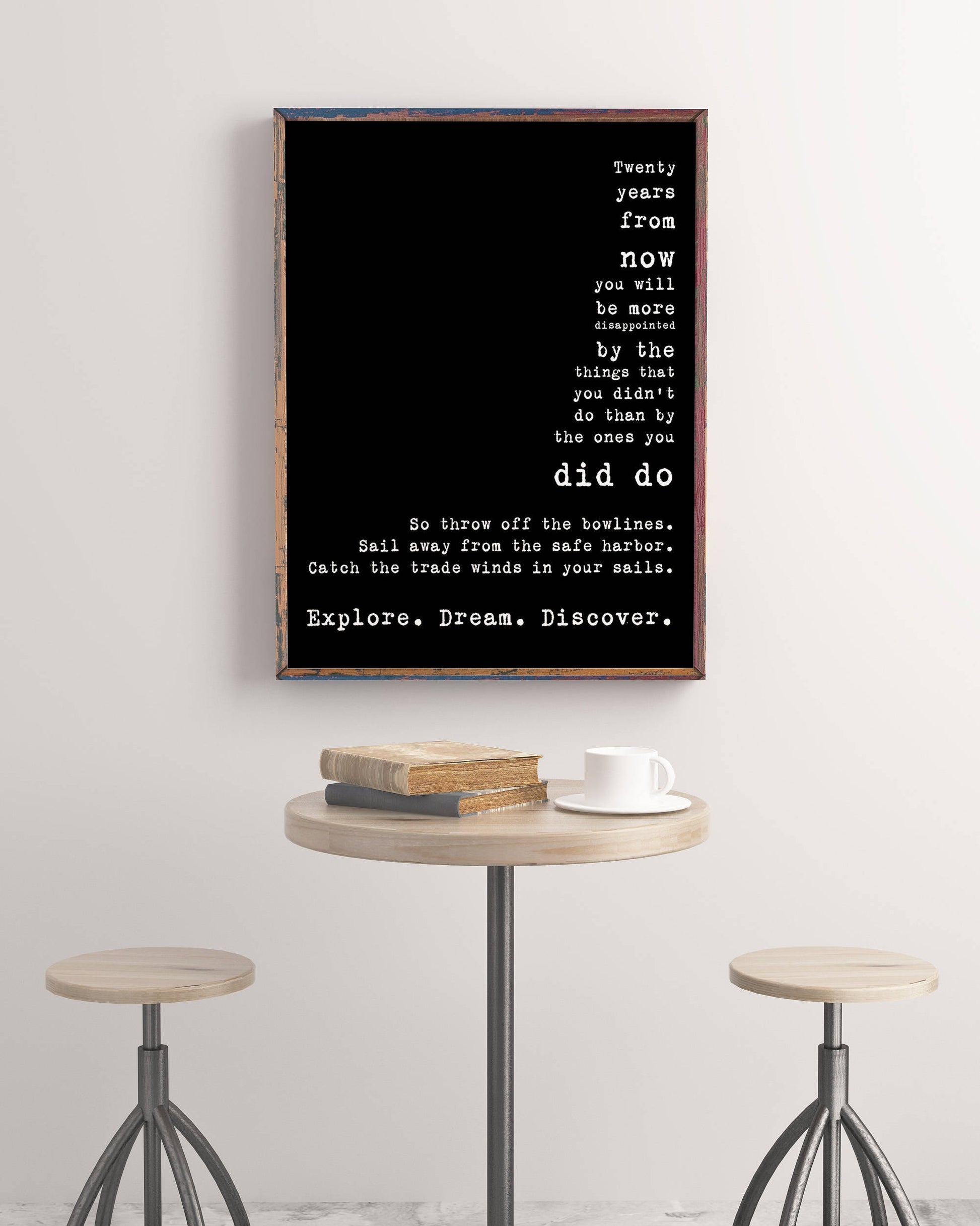 Vintage Style Explore Dream Discover Mark Twain Quote Wall Art – Rustic Inspirational Travel Print for Writers Thinkers Dreamers