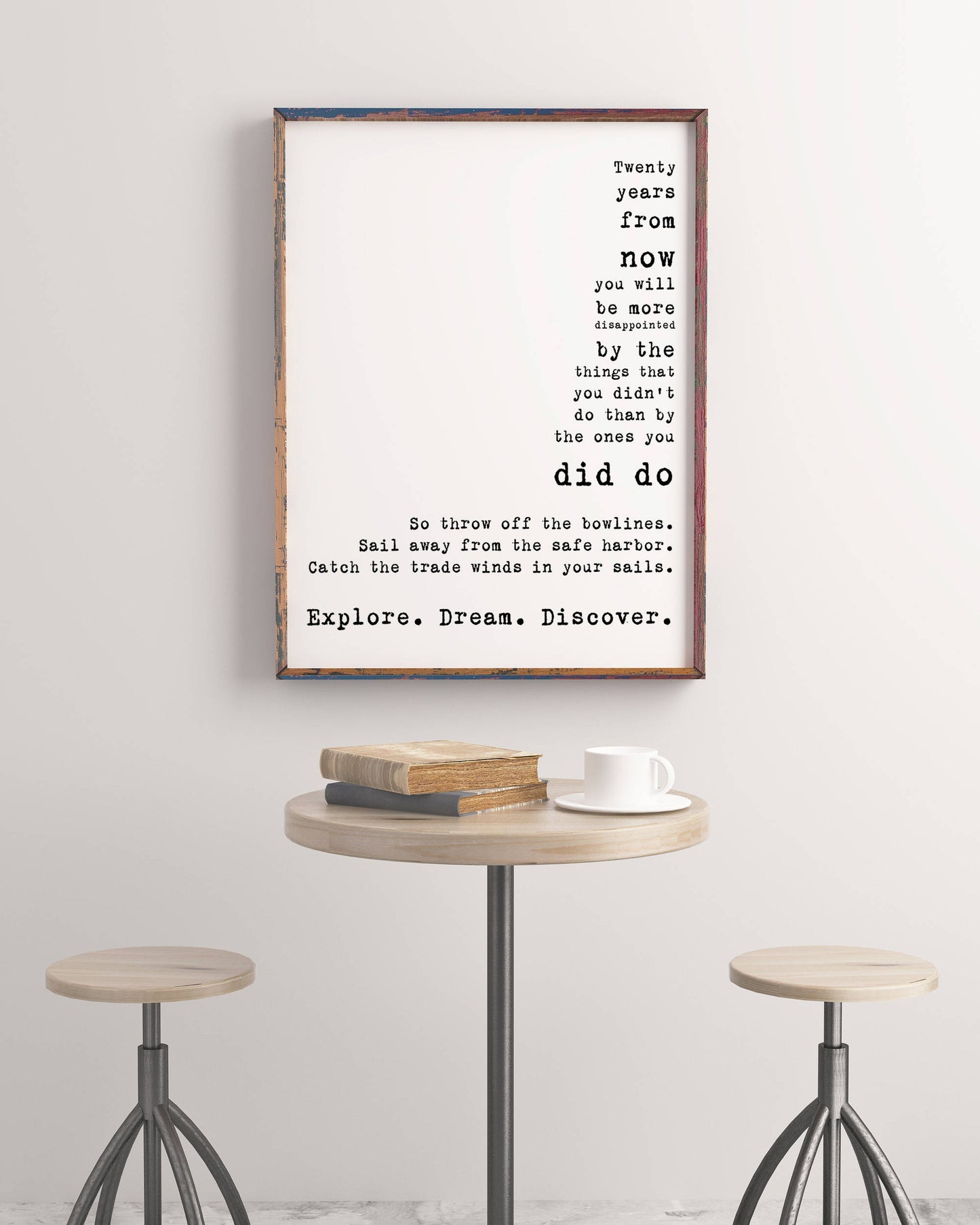 Vintage Style Explore Dream Discover Mark Twain Quote Wall Art – Rustic Inspirational Travel Print for Writers Thinkers Dreamers