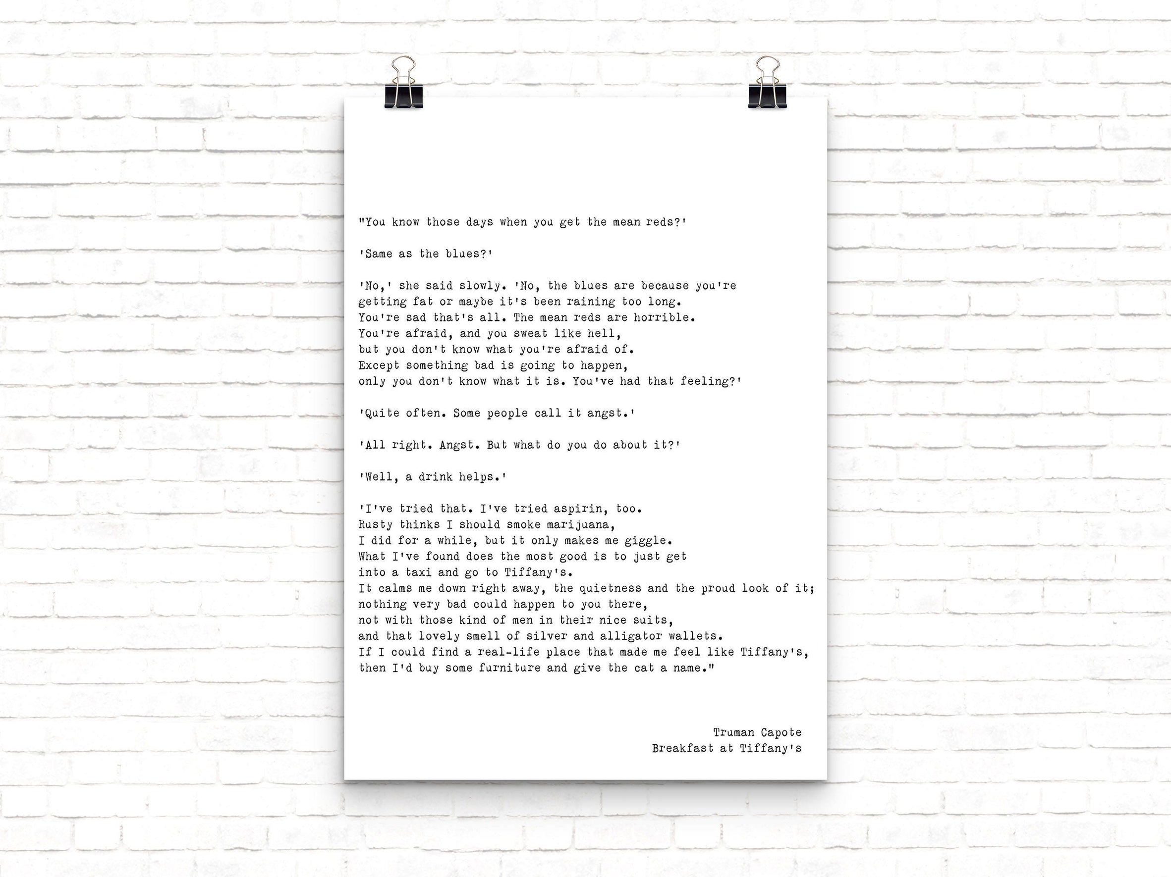 Breakfast at Tiffanys The Mean Reds Quote Print Audrey Hepburn Art, Truman Capote