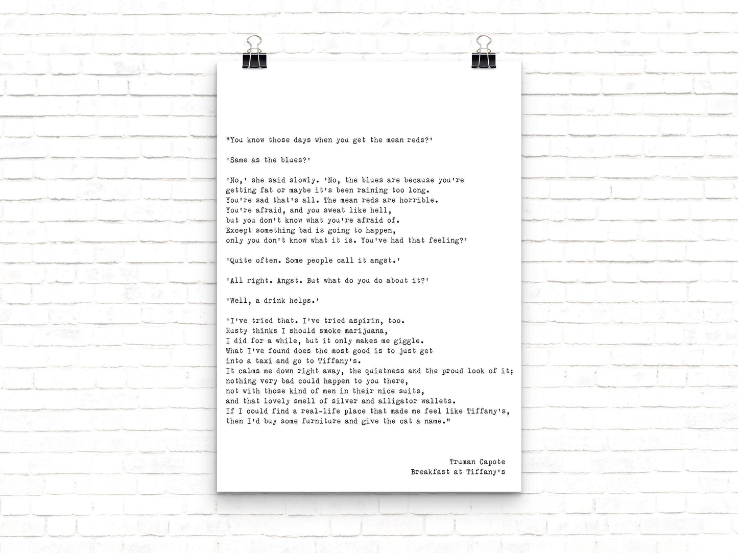 Breakfast at Tiffany’s Print – Truman Capote Mean Reds Quote, Literary Book Page Style