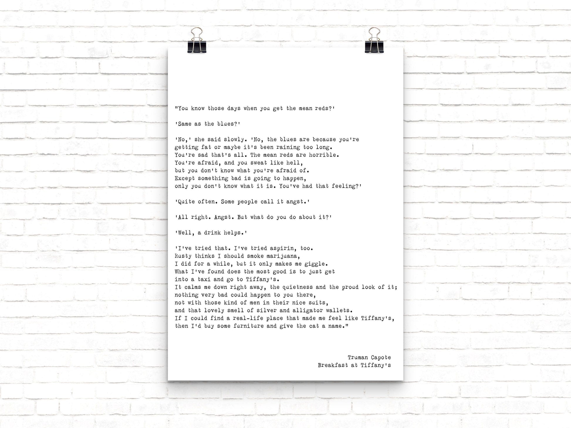Breakfast at Tiffany’s Print – Truman Capote Mean Reds Quote, Literary Book Page Style