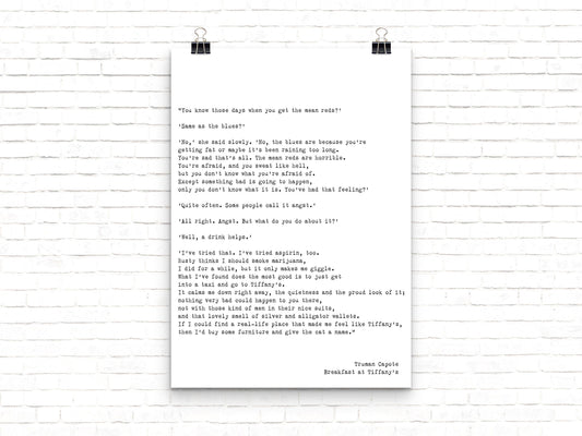 Breakfast at Tiffany’s Print – Truman Capote Mean Reds Quote, Literary Book Page Style
