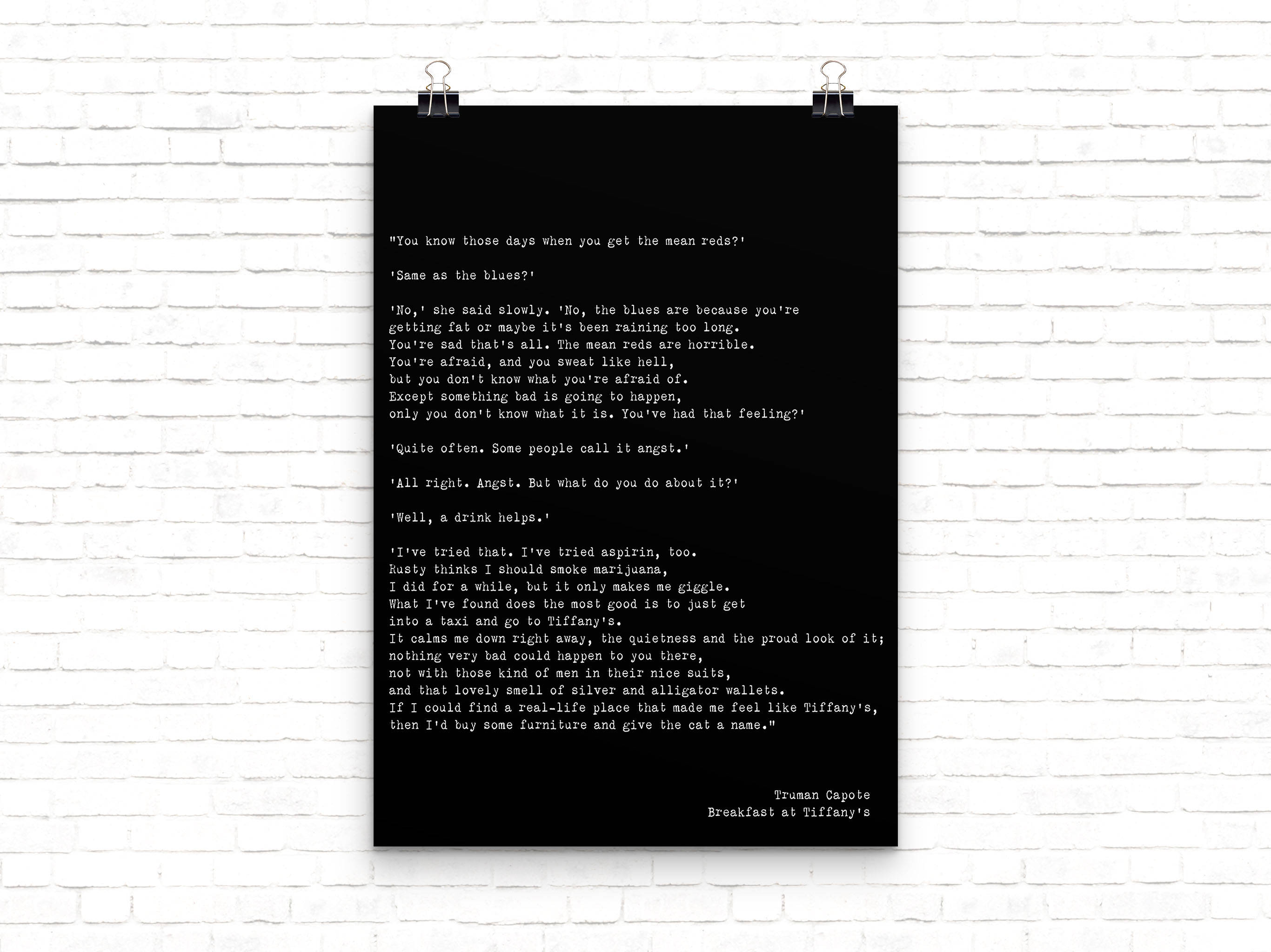 Breakfast at Tiffany’s Print – Truman Capote Mean Reds Quote, Literary Book Page Style