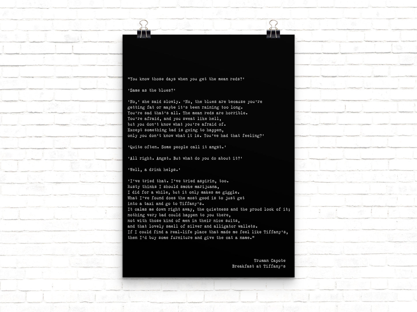 Breakfast at Tiffany’s Print – Truman Capote Mean Reds Quote, Literary Book Page Style