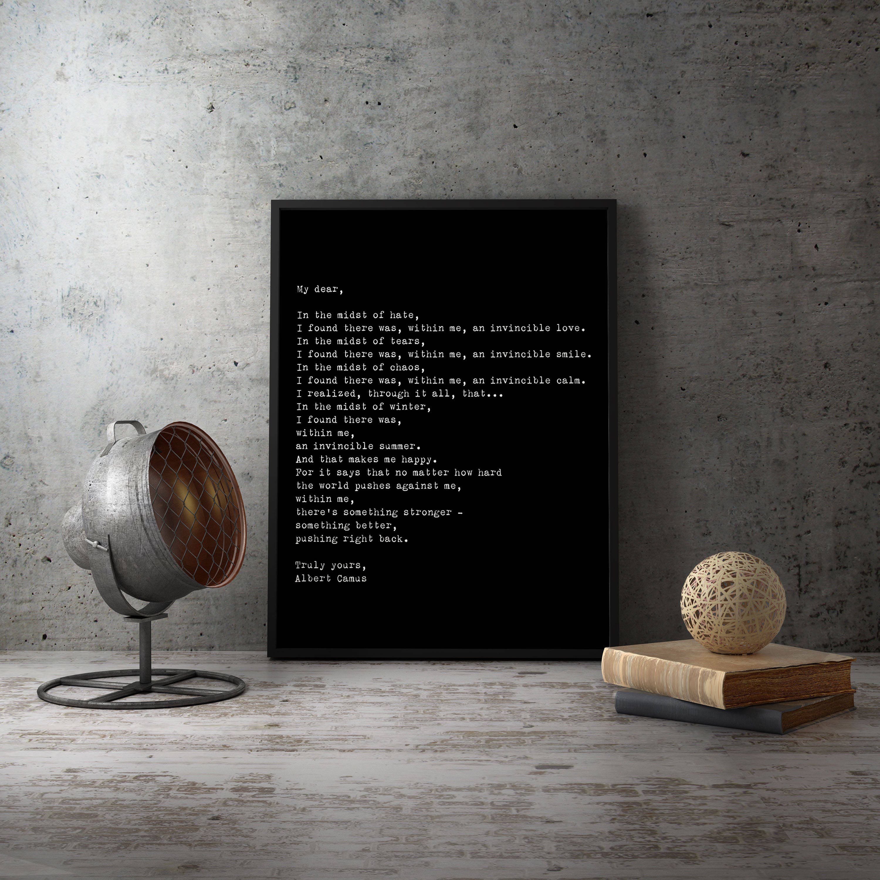 Albert Camus Invincible Summer Quote – Large Framed Motivational Print, Literary Wall Art for Office or Home