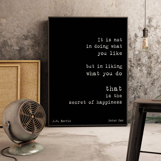Large Framed Peter Pan Quote Print – J.M. Barrie Secret of Happiness Wall Art, Literary Quote Poster