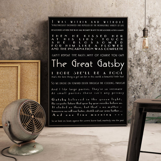 The Great Gatsby quote collage print black background literary wall art F Scott Fitzgerald bookish home office decor minimalist style