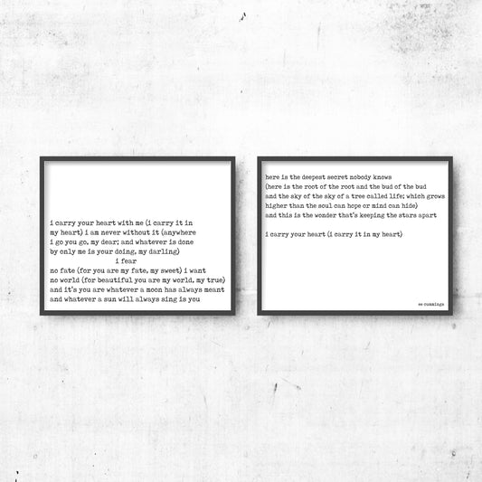 e.e. cummings Poem Print Set – I Carry Your Heart With Me, Romantic Literary Quote Wall Art
