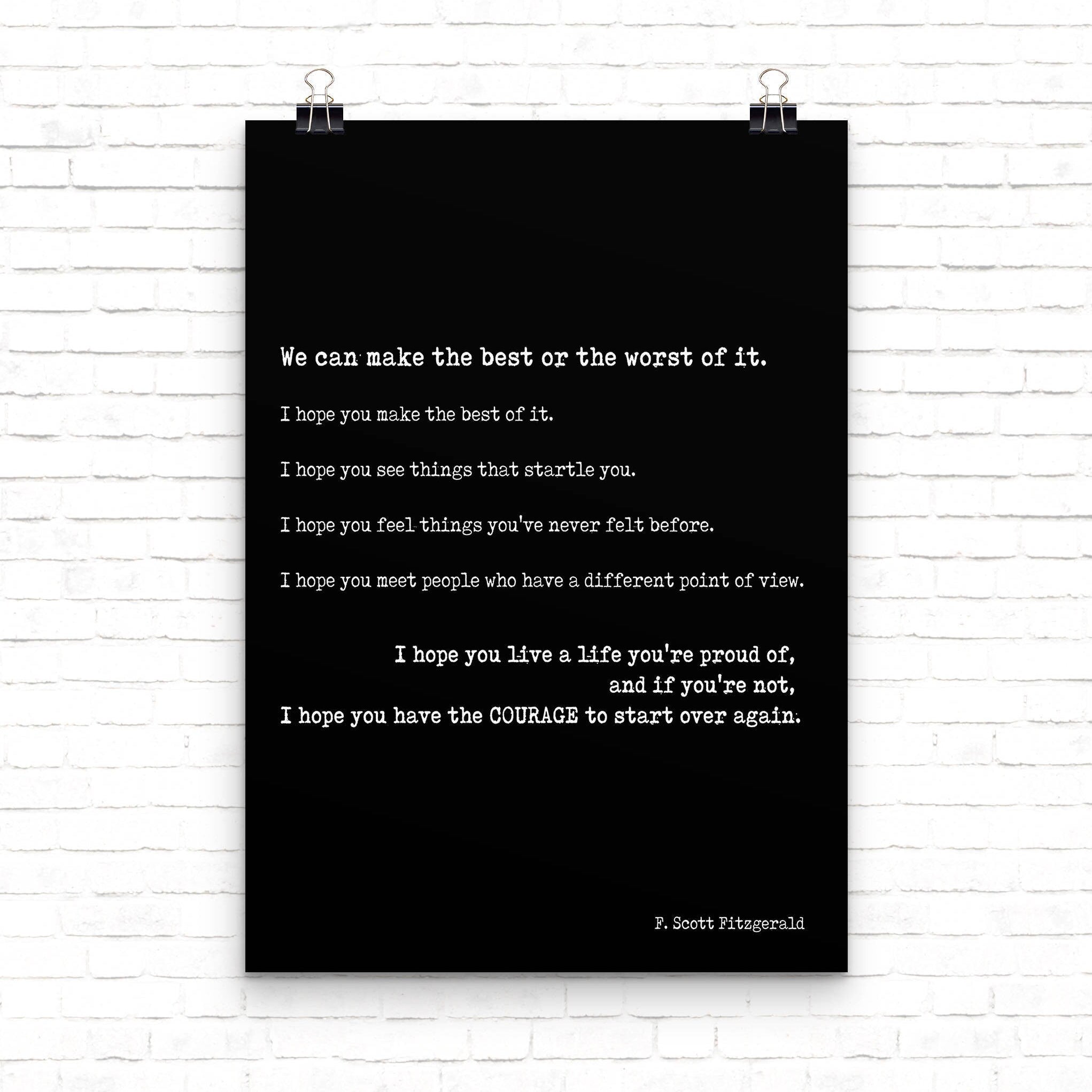 F Scott Fitzgerald quote print inspirational literary wall art make the best of it courage to start over typewriter style poster