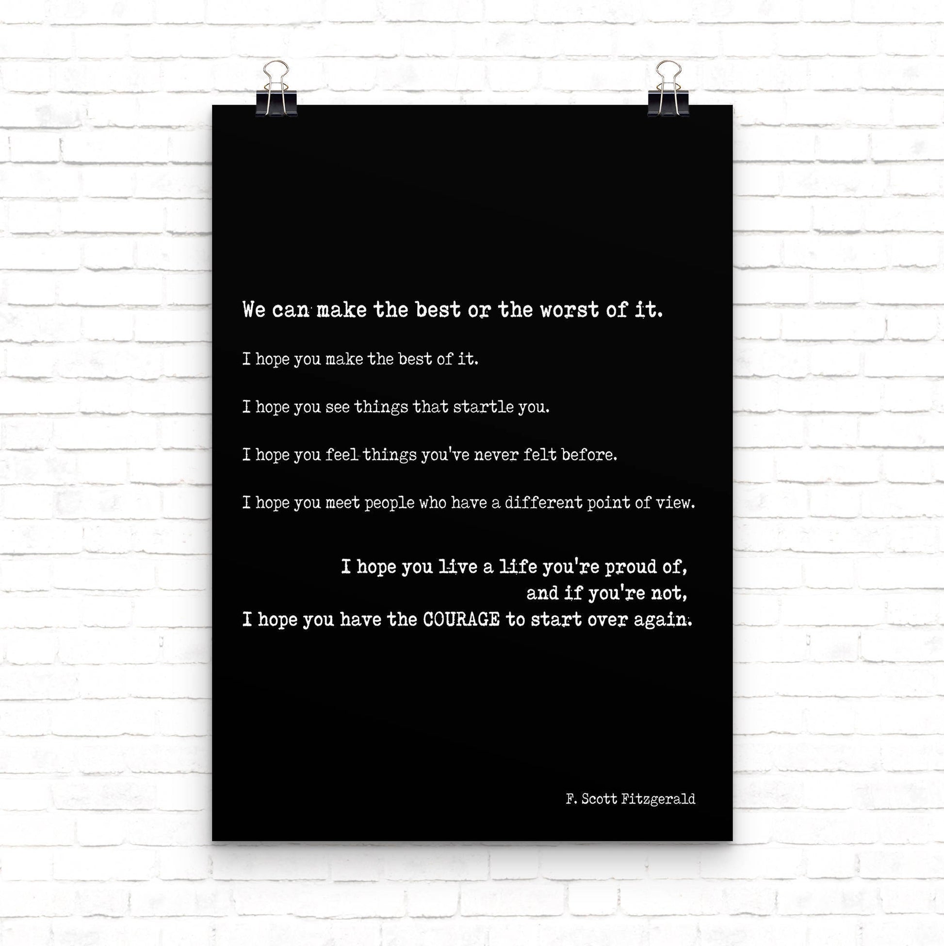 F Scott Fitzgerald quote print inspirational literary wall art make the best of it courage to start over typewriter style poster