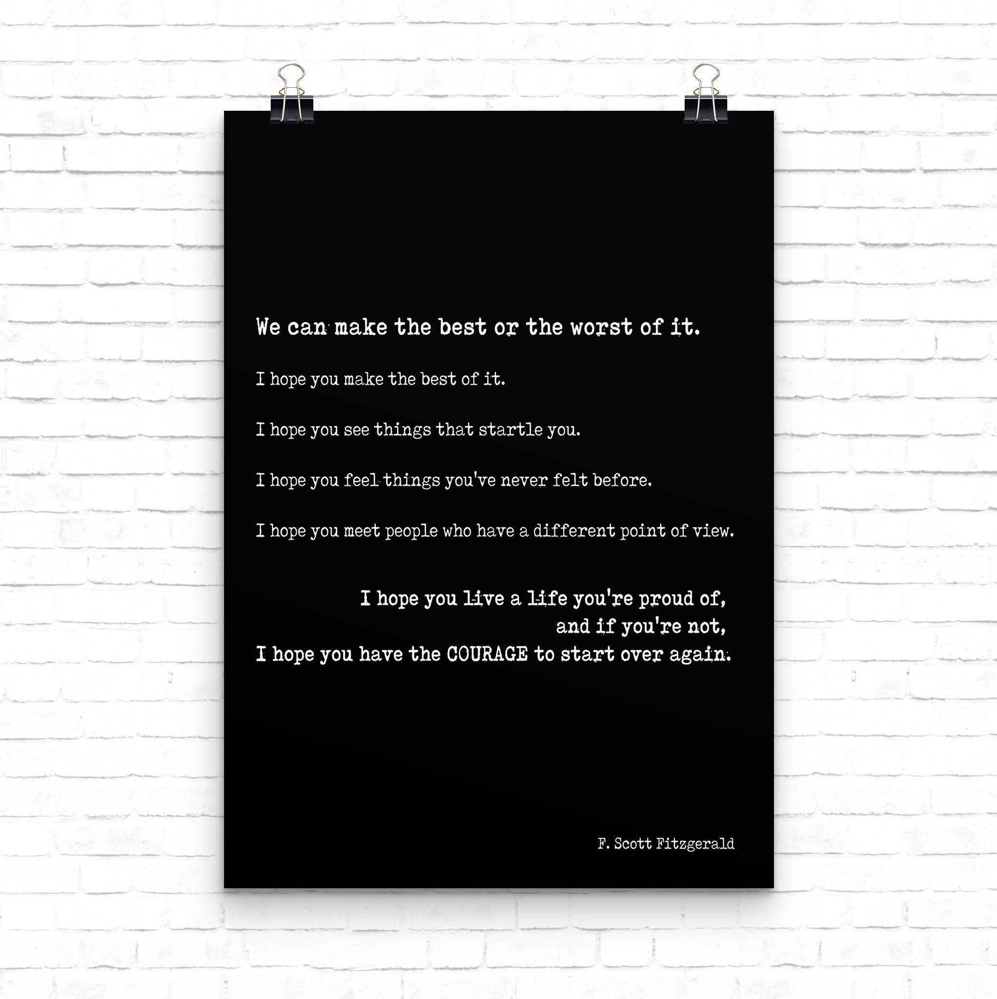 F Scott Fitzgerald quote print inspirational literary wall art make the best of it courage to start over typewriter style poster