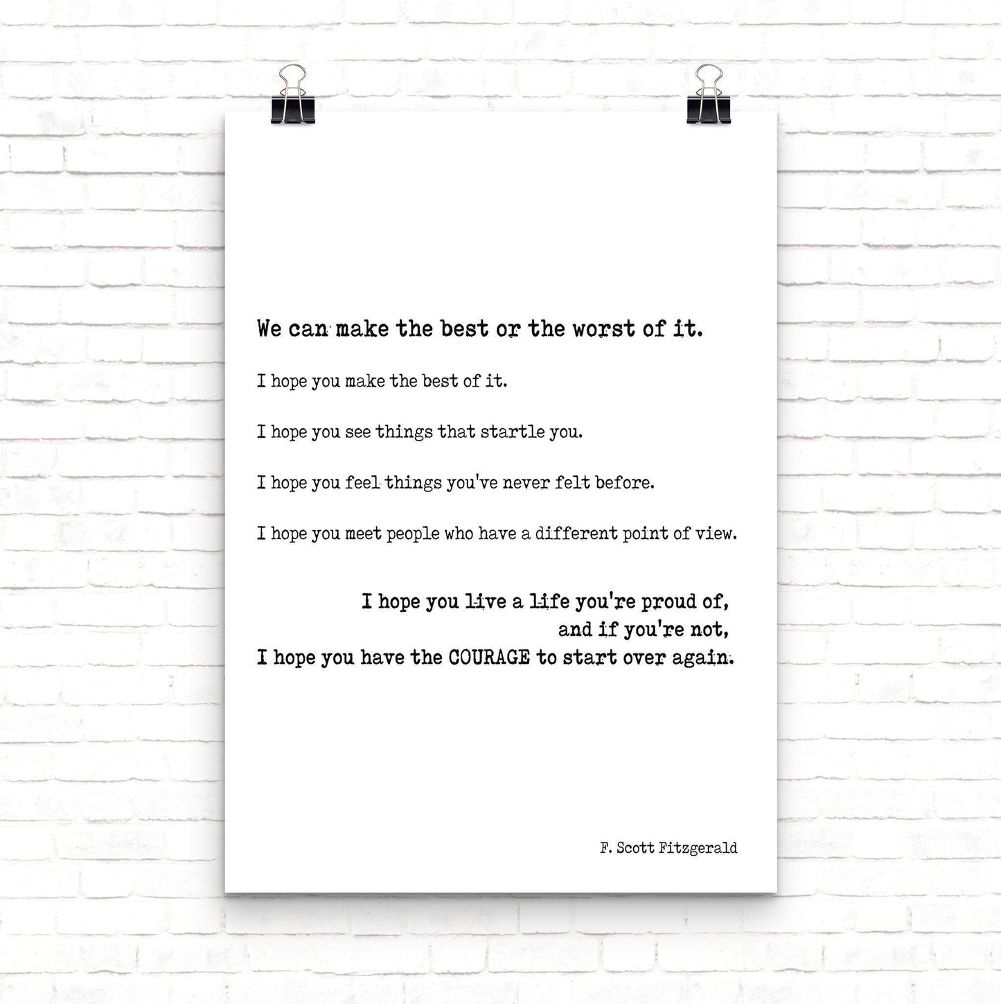 F Scott Fitzgerald quote print inspirational literary wall art make the best of it courage to start over typewriter style poster
