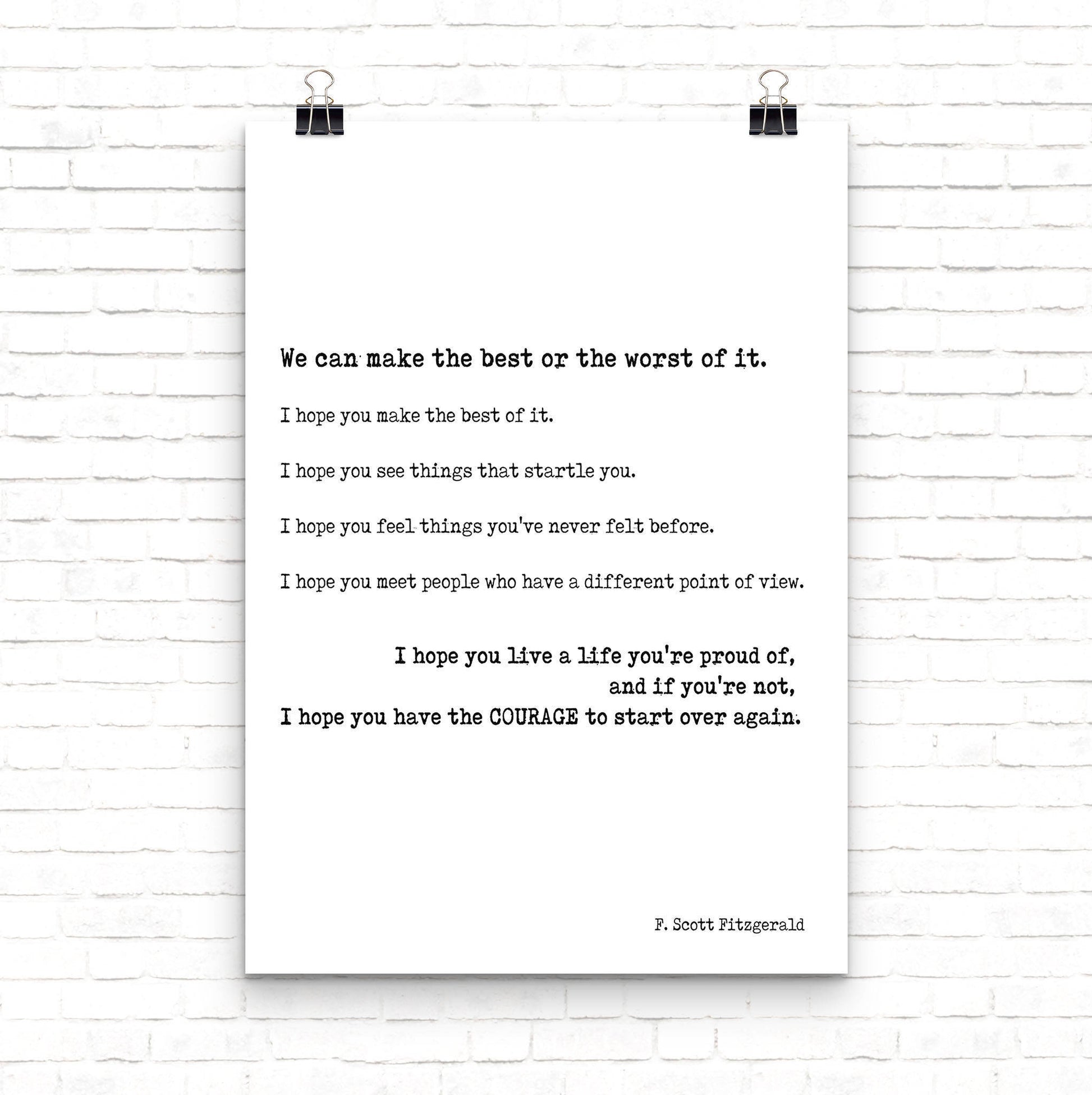 F Scott Fitzgerald quote print inspirational literary wall art make the best of it courage to start over typewriter style poster