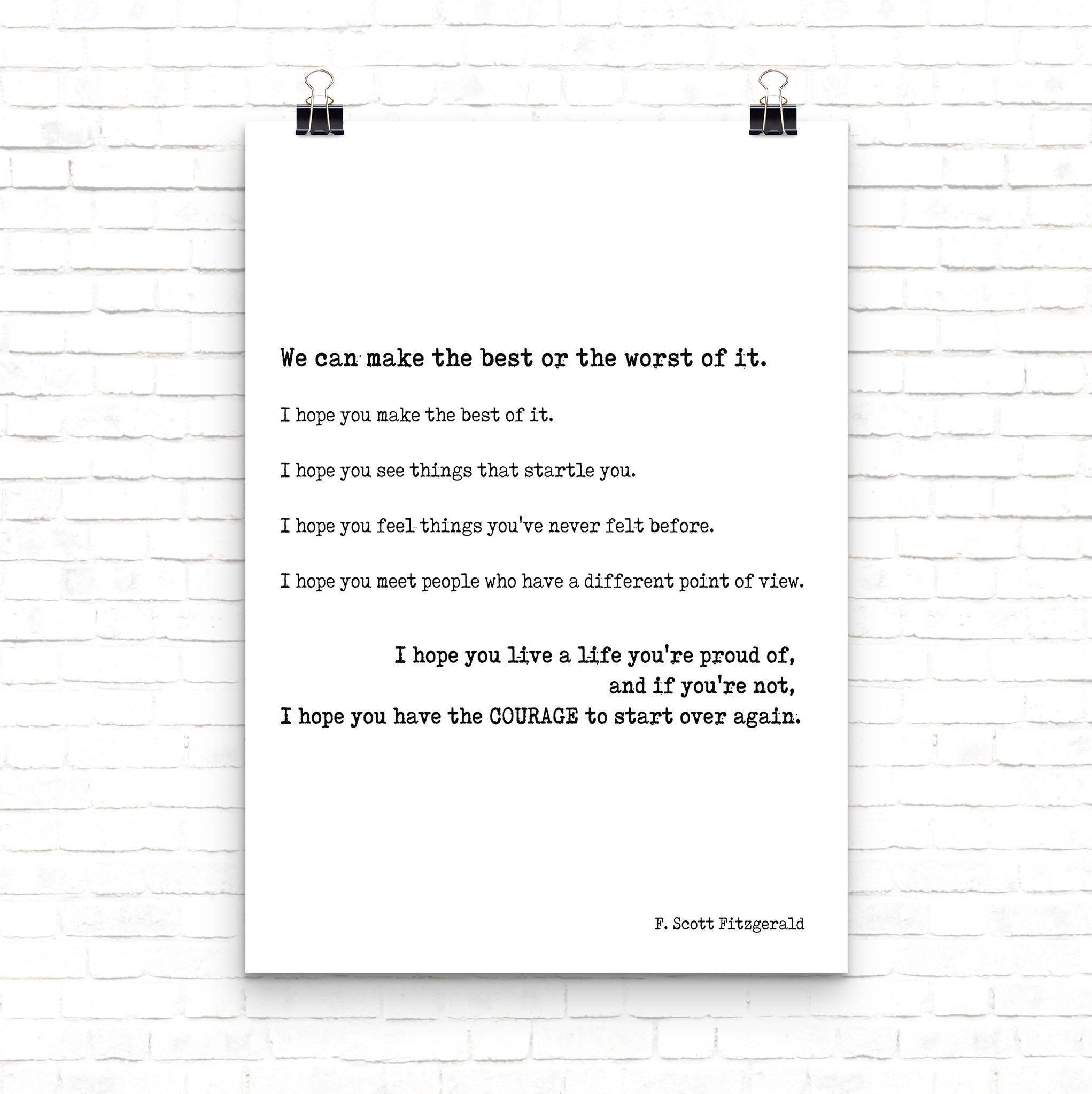 F Scott Fitzgerald quote print inspirational literary wall art make the best of it courage to start over typewriter style poster