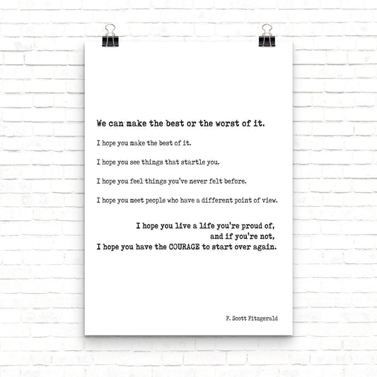 F Scott Fitzgerald quote print inspirational literary wall art make the best of it courage to start over typewriter style poster