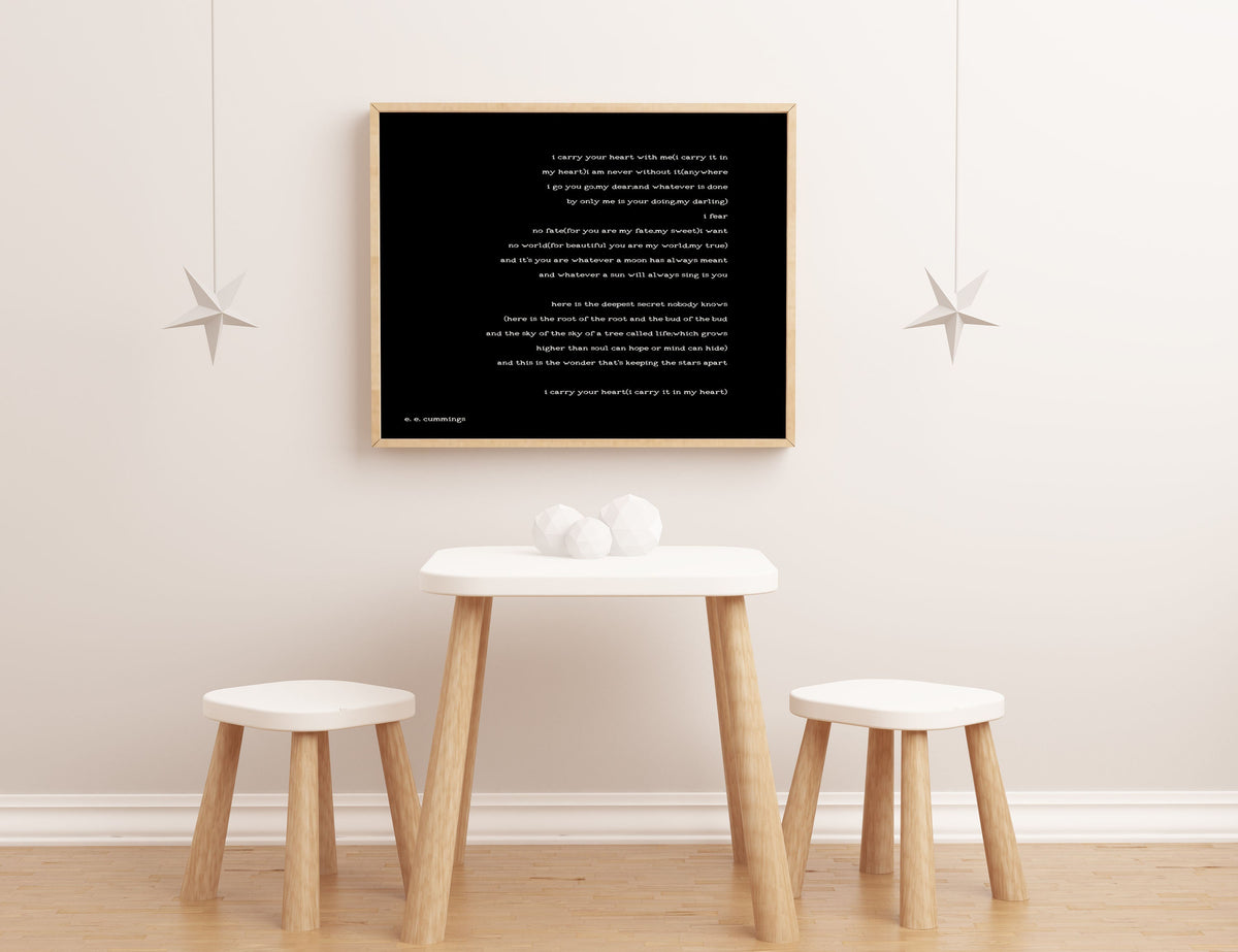 e e cummings I carry your heart Wall Art Print in Black and White, Unframed and Framed Art