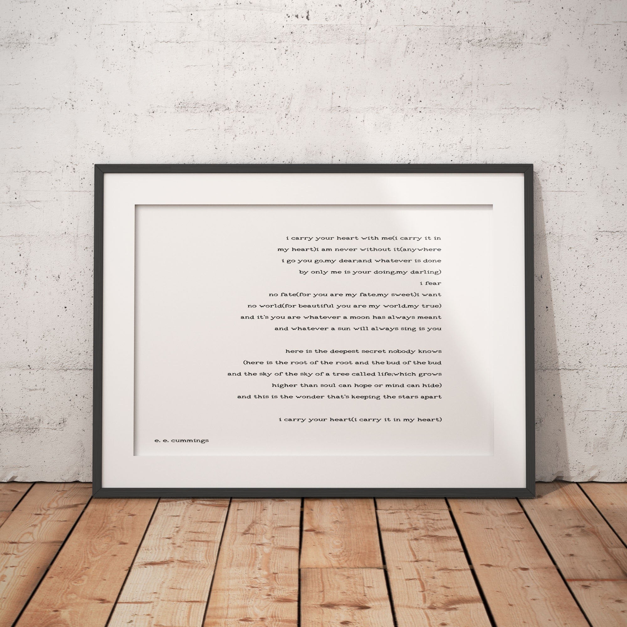 e e cummings I carry your heart Wall Art Print in Black and White, Unframed and Framed Art