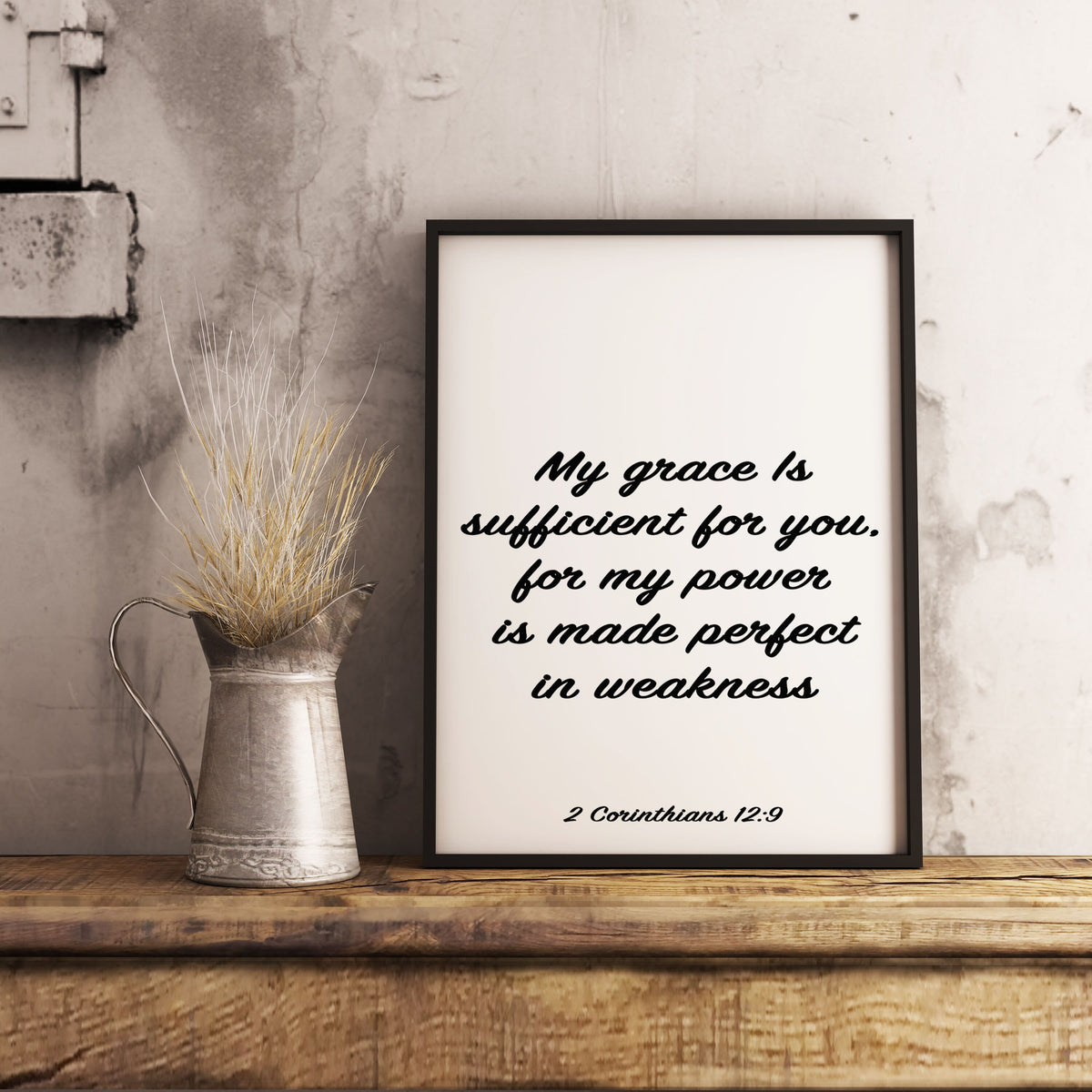 Bible Verse Print "My Grace Is Sufficient" from 2 Corinthians 12:9. Christian Wall Art | Inspirational Scripture Decor in Black or White